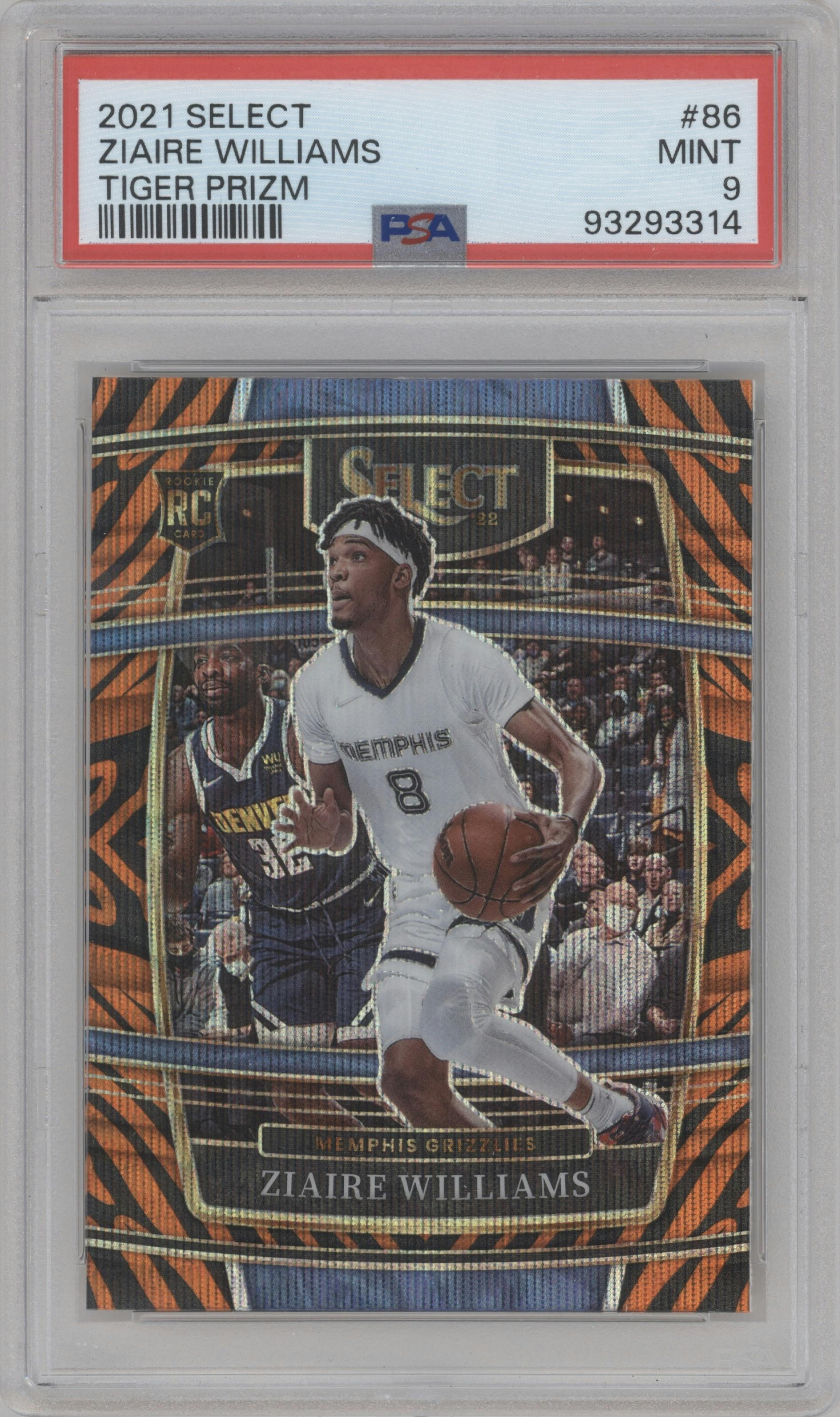 Ziaire Williams from the 2021-22 Panini Select set featuring a Tiger parallel graded by PSA and given an overall grade of 9.