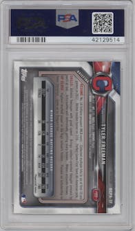 Tyler Freeman from the 2018 Bowman Chrome set featuring a Refractor parallel graded by PSA and given an overall grade of 9.