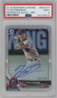 Tyler Freeman from the 2018 Bowman Chrome set featuring a Refractor parallel graded by PSA and given an overall grade of 9.