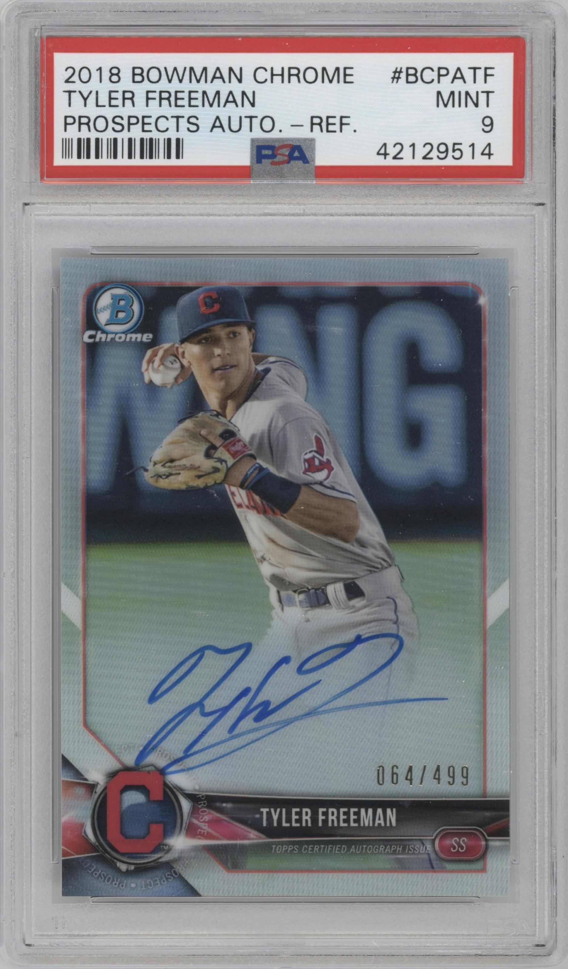 Tyler Freeman from the 2018 Bowman Chrome set featuring a Refractor parallel graded by PSA and given an overall grade of 9.