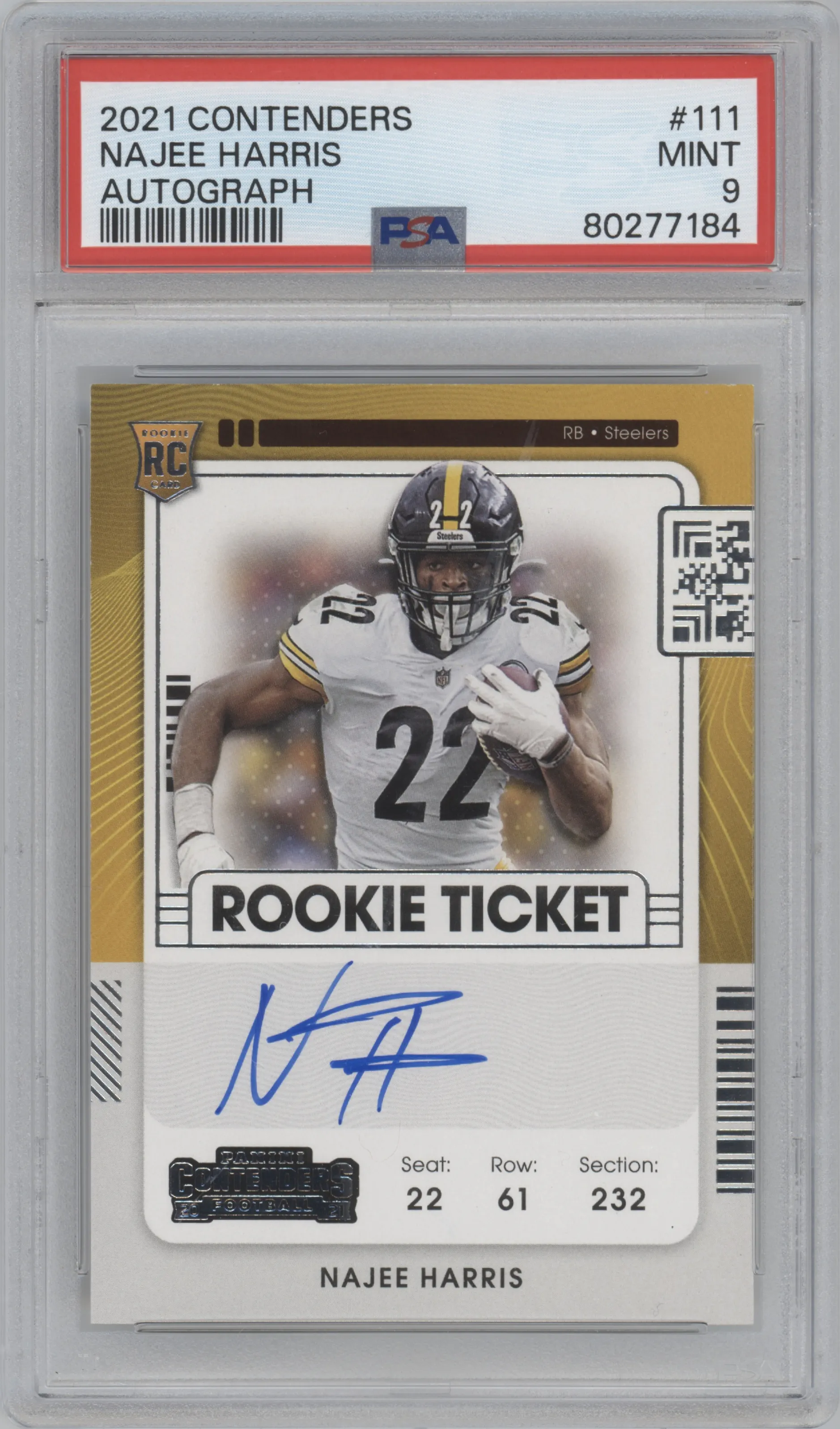 Najee Harris from the 2021 Panini Contenders   set graded by PSA and given an overall grade of 9.