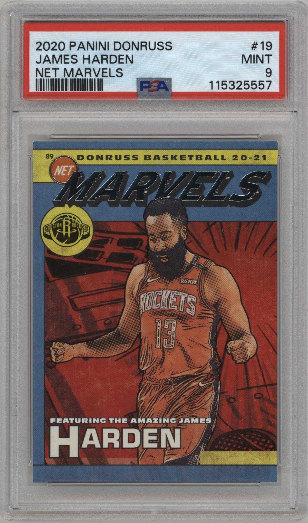 James Harden from the 2020-21 Panini Donruss set graded by PSA and given an overall grade of 9.