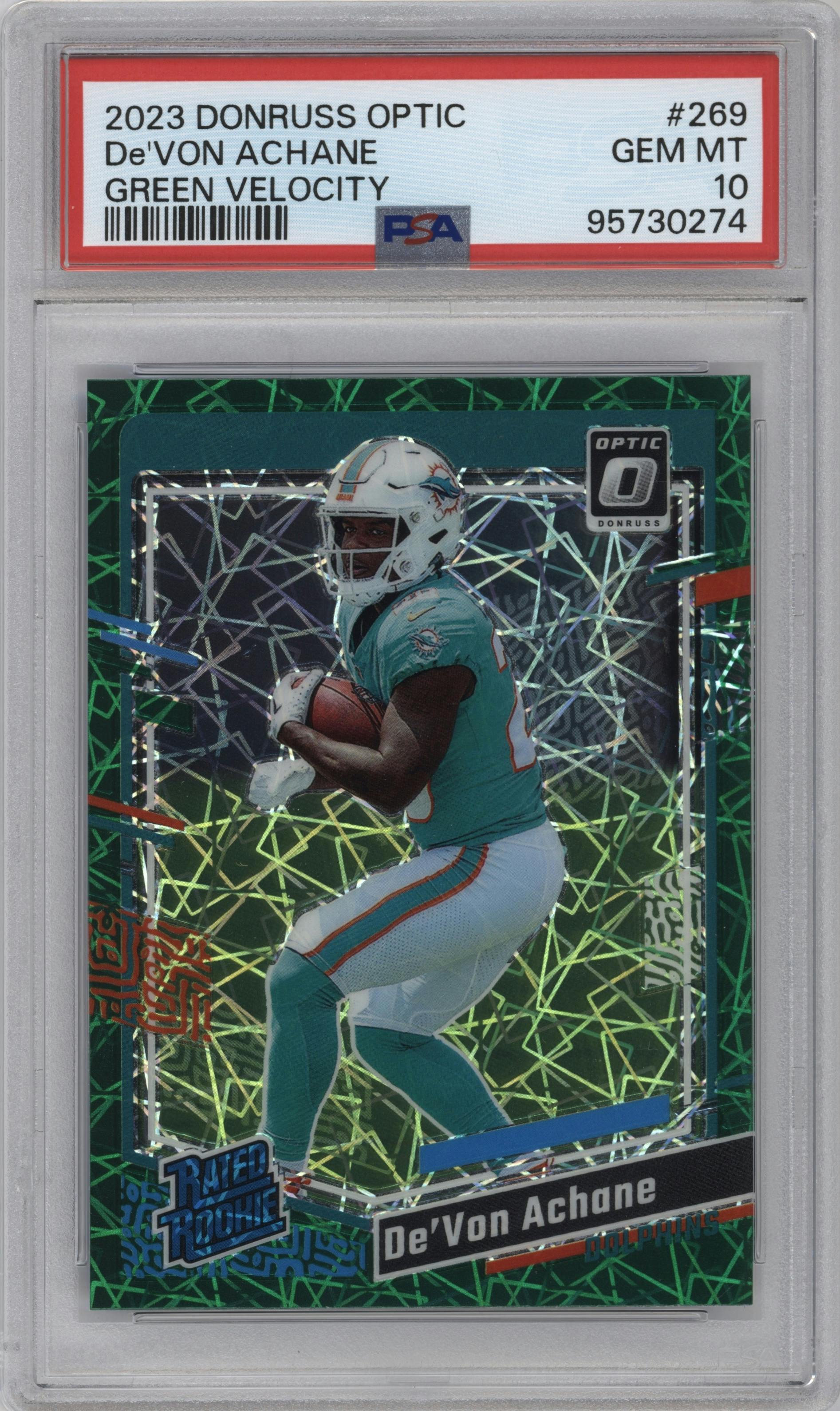 De'Von Achane from the 2023 Donruss Optic set featuring a Green Velocity parallel graded by PSA and given an overall grade of 10.