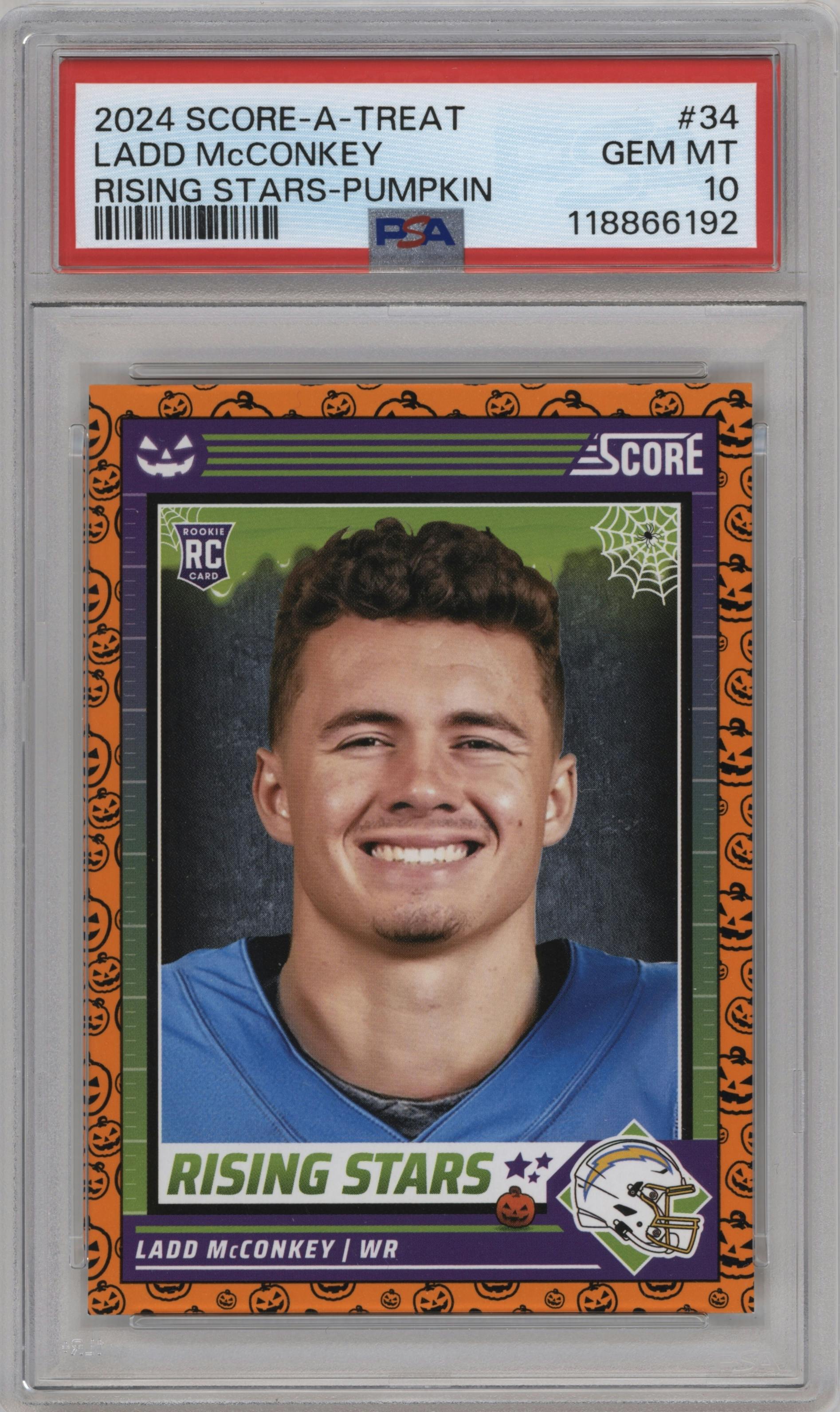 Ladd McConkey from the 2024 Score-a-Treat set featuring a Pumpkin parallel graded by PSA and given an overall grade of 10.