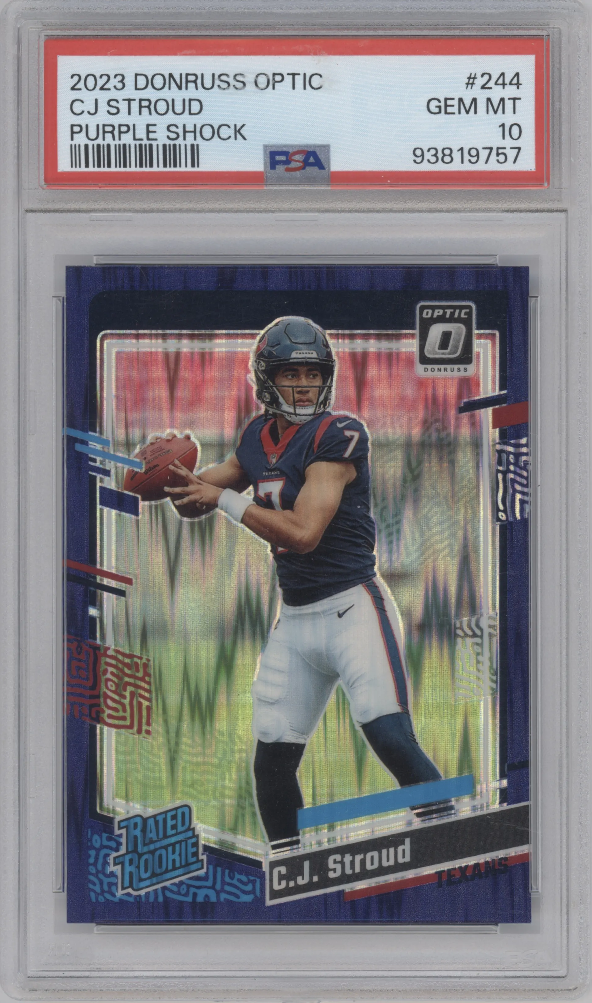 C.J. Stroud from the 2023 Donruss Optic set featuring a  Purple Shock parallel graded by PSA and given an overall grade of 10.