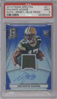 Davante Adams from the 2014 Panini Spectra set featuring a Blue Prizm parallel graded by PSA and given an overall grade of 9.