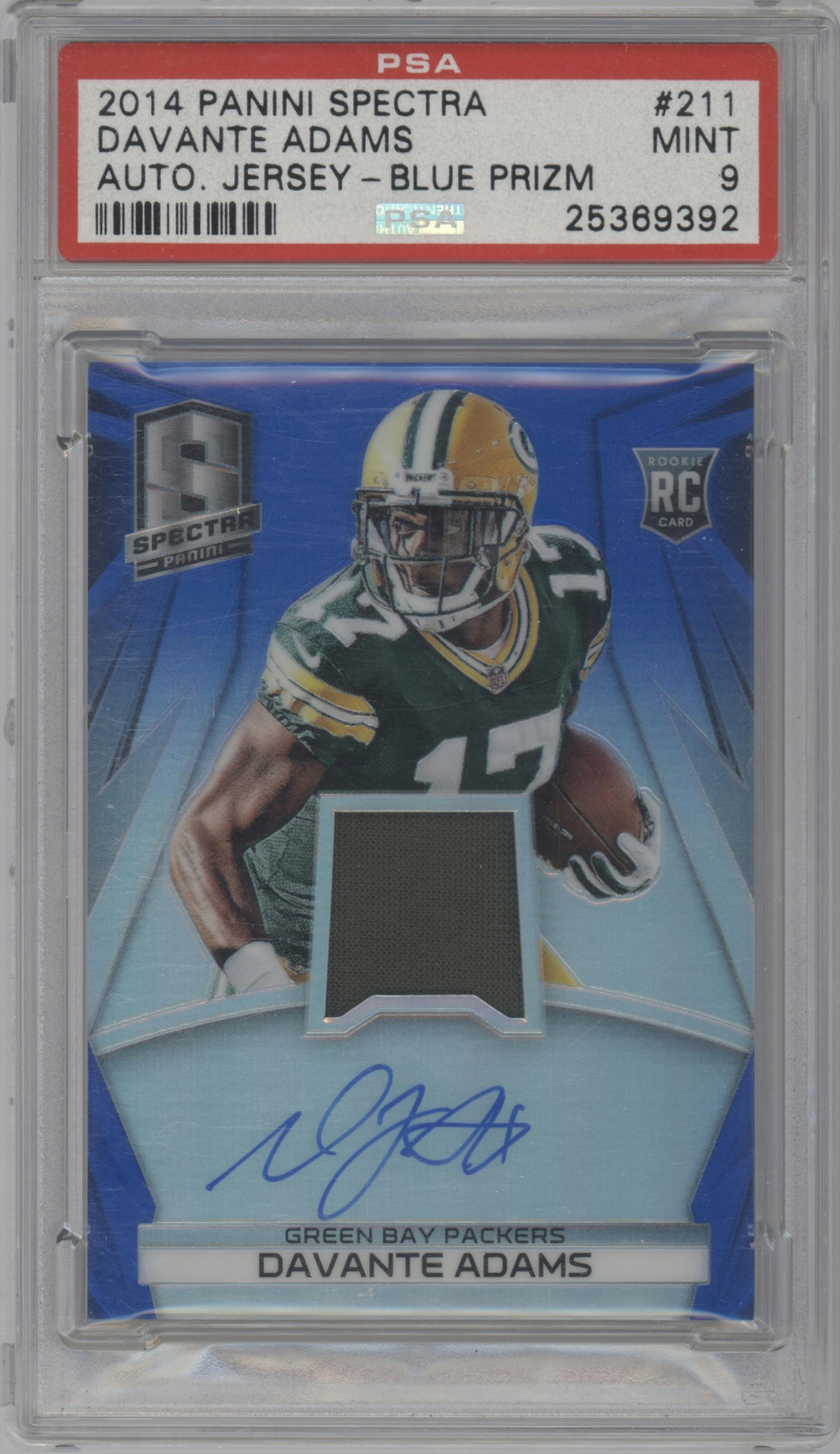 Davante Adams from the 2014 Panini Spectra set featuring a Blue Prizm parallel graded by PSA and given an overall grade of 9.