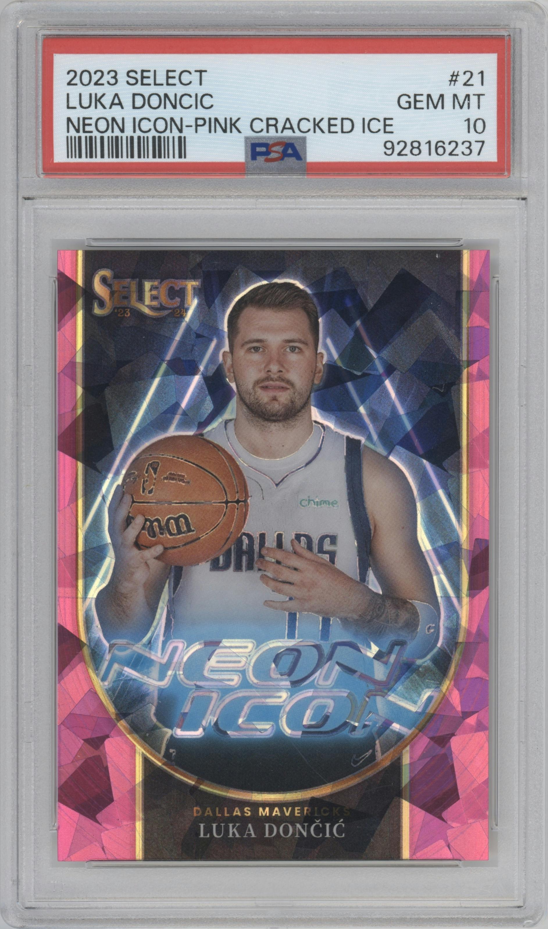 Luka Doncic from the 2023-24 Panini Select  set featuring a Pink Cracked Ice parallel graded by PSA and given an overall grade of 10.