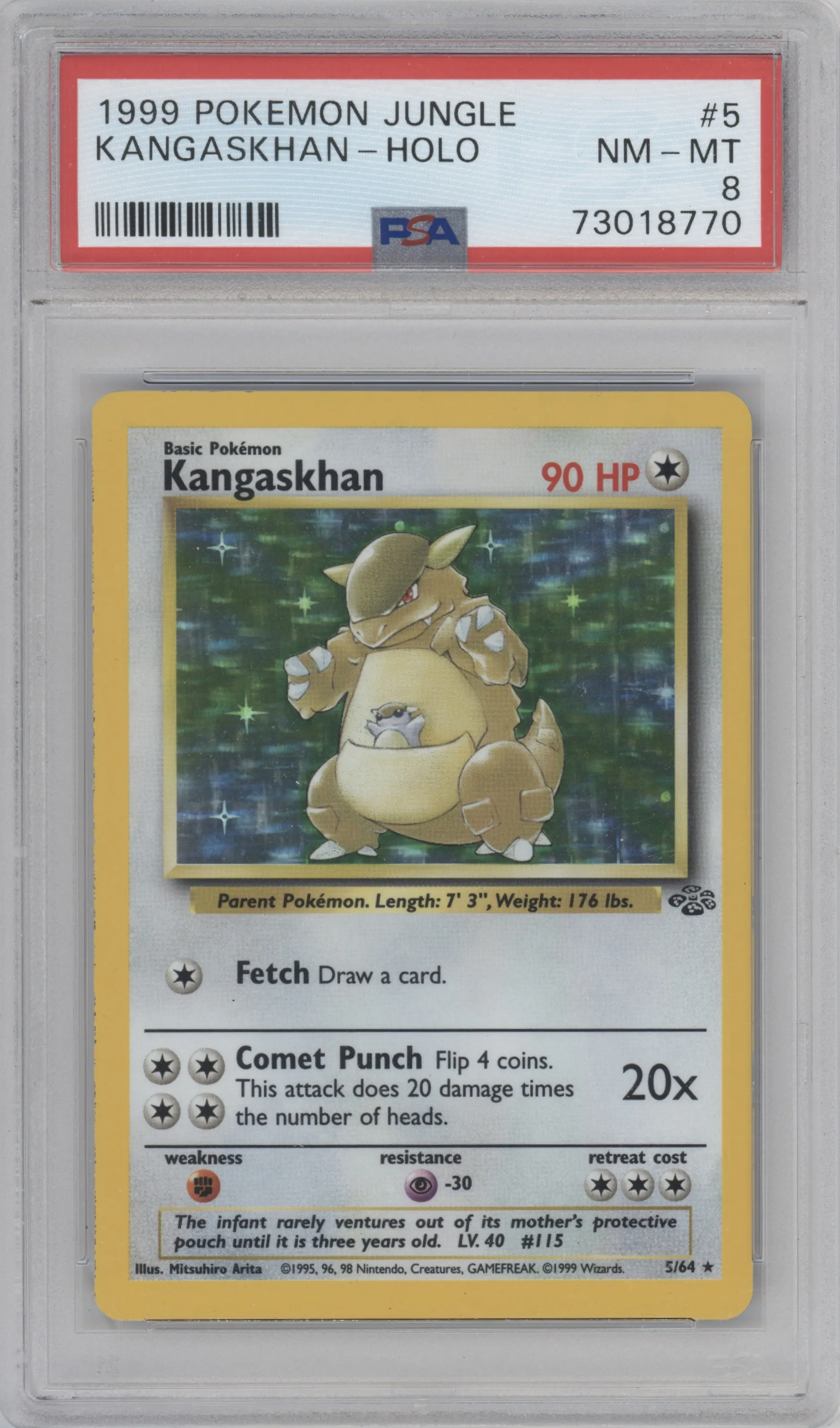 Kangaskhan from the 1999 Pokemon set graded by PSA and given an overall grade of 8.