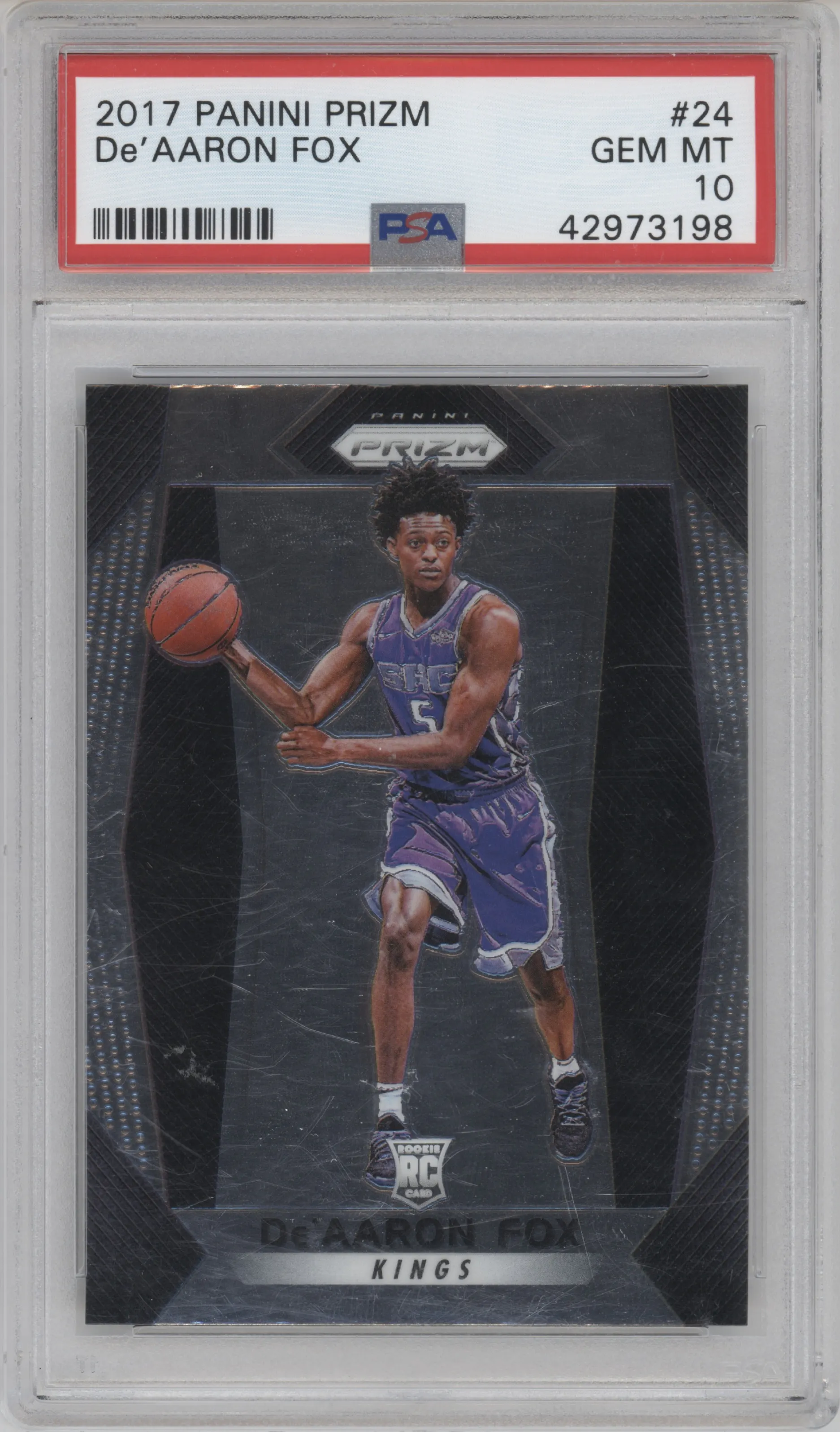 De'Aaron Fox from the 2017-18 Panini Prizm  set graded by PSA and given an overall grade of 10.