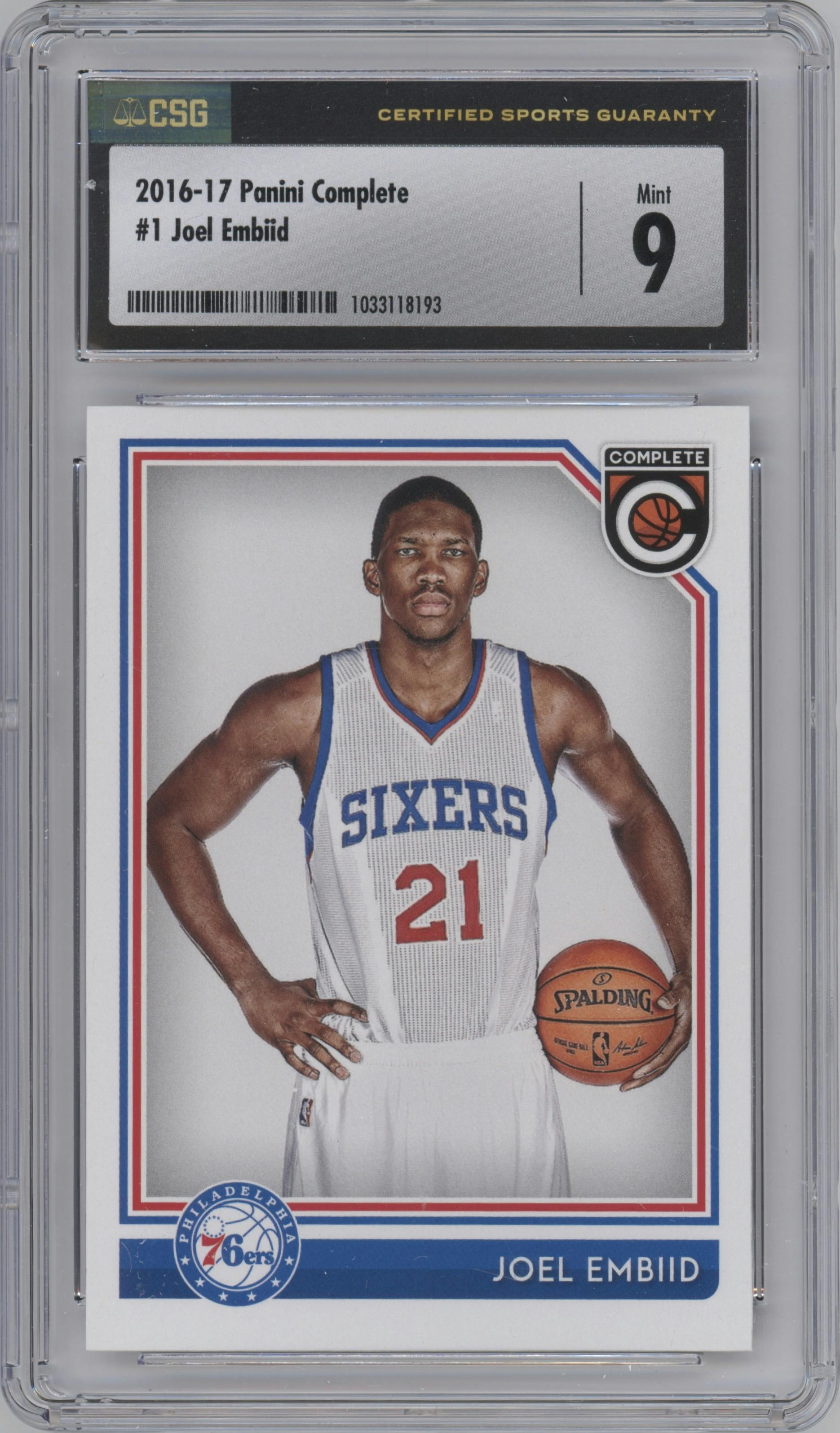 Joel Embiid from the 2016-17 Panini Complete set graded by CSG and given an overall grade of 9.