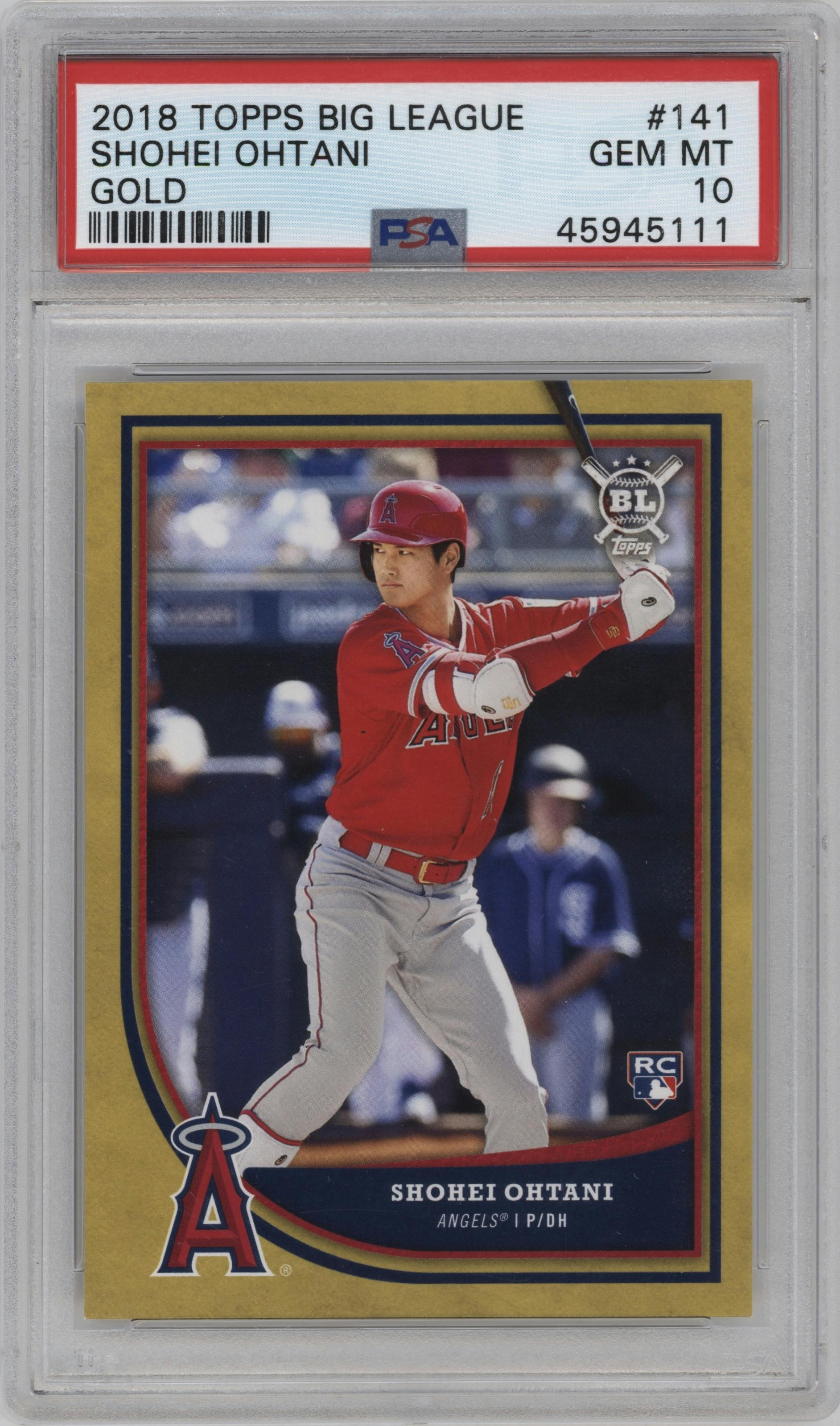 Shohei Ohtani from the 2018 Topps Big League set featuring a Gold parallel graded by PSA and given an overall grade of 10.