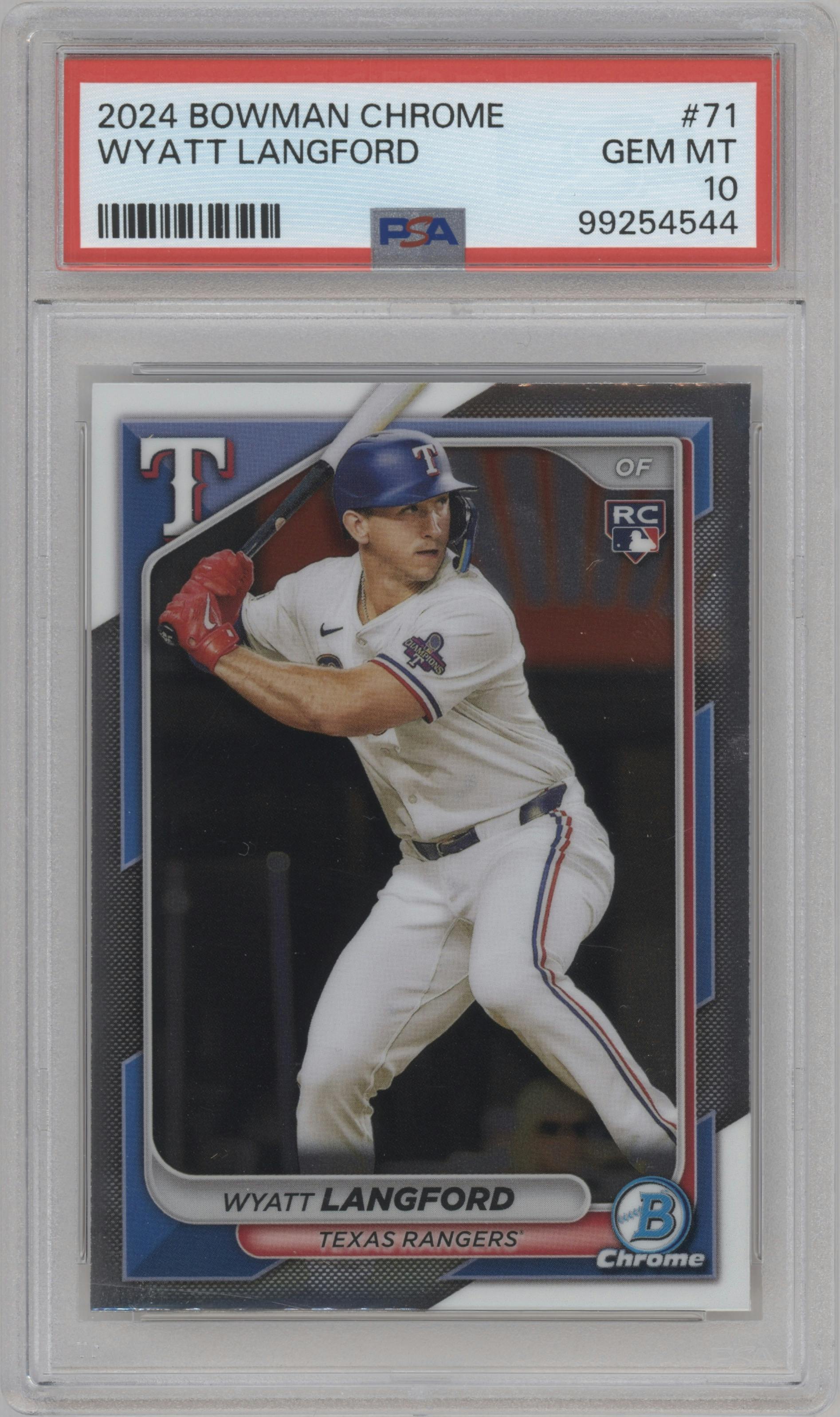 Wyatt Langford from the 2024 Bowman Chrome set graded by PSA and given an overall grade of 10.