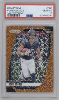 Rome Odunze from the 2024 Panini Prizm set featuring a Lazer Prizm parallel graded by PSA and given an overall grade of 10.
