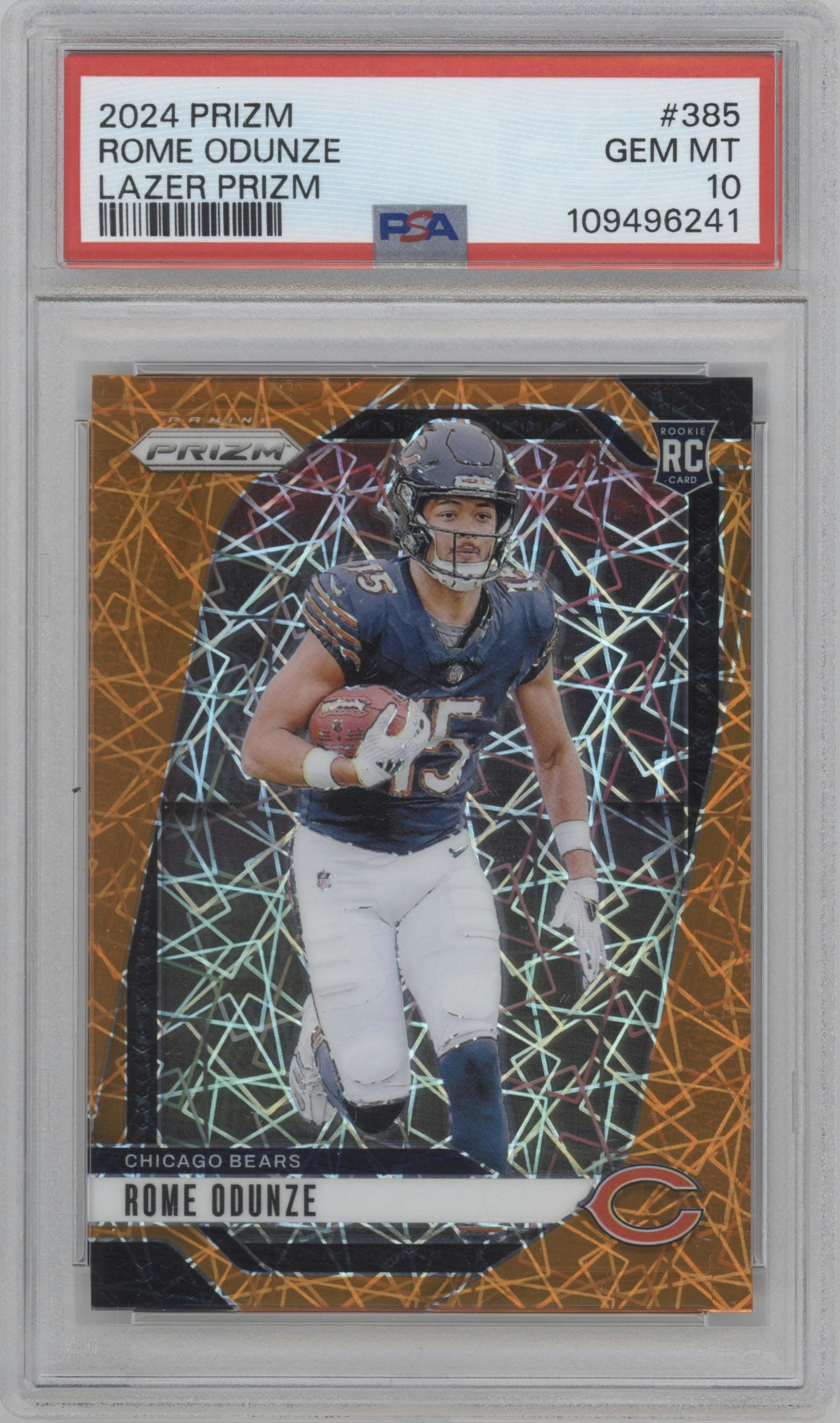 Rome Odunze from the 2024 Panini Prizm set featuring a Lazer Prizm parallel graded by PSA and given an overall grade of 10.