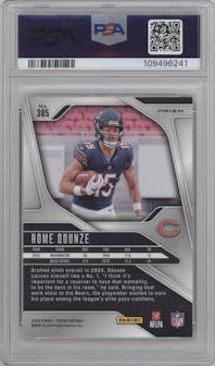 Rome Odunze from the 2024 Panini Prizm set featuring a Lazer Prizm parallel graded by PSA and given an overall grade of 10.