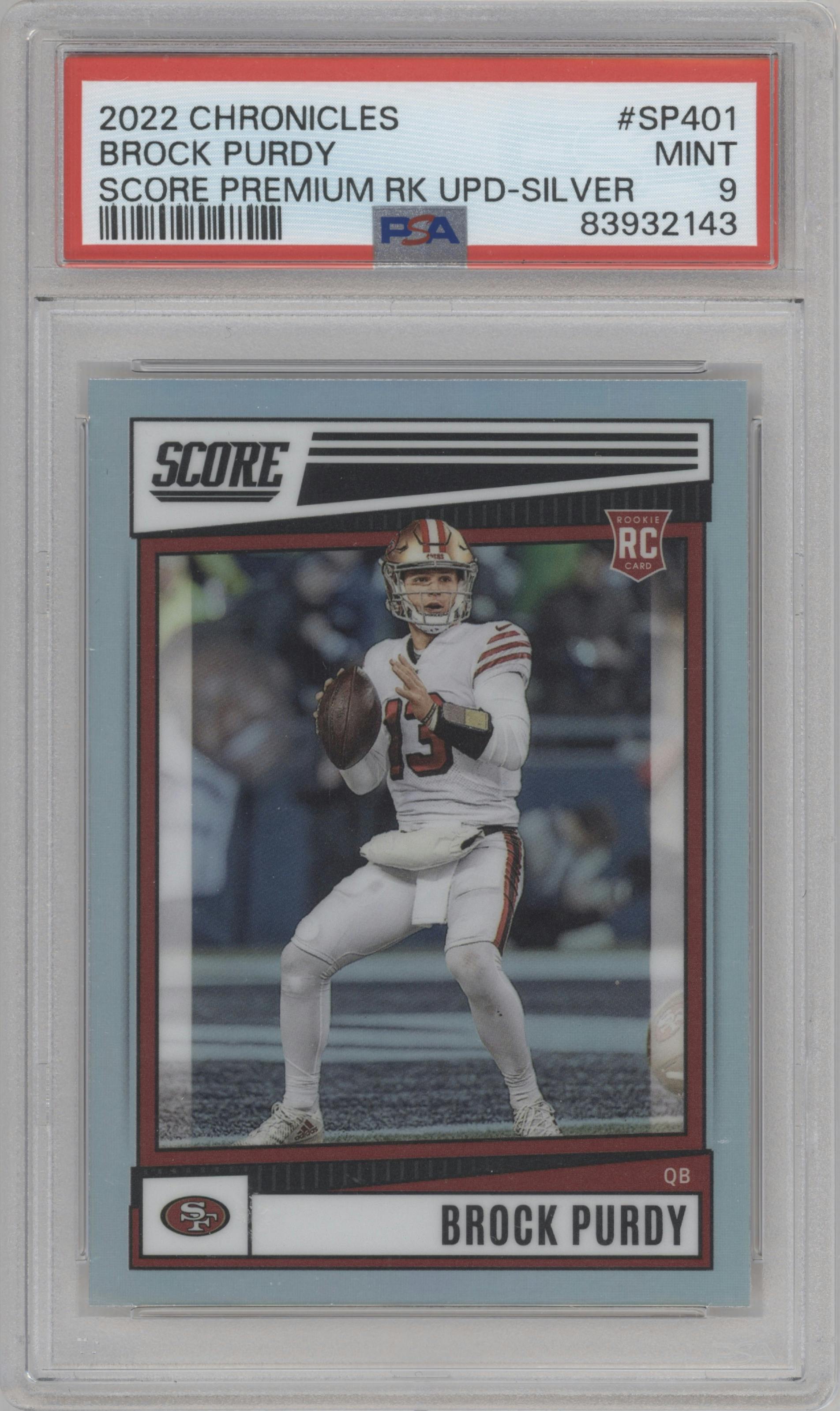 Brock Purdy from the 2022 Panini Chronicles set featuring a Silver parallel graded by PSA and given an overall grade of 9.