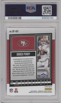 Brock Purdy from the 2022 Panini Chronicles set featuring a Silver parallel graded by PSA and given an overall grade of 9.