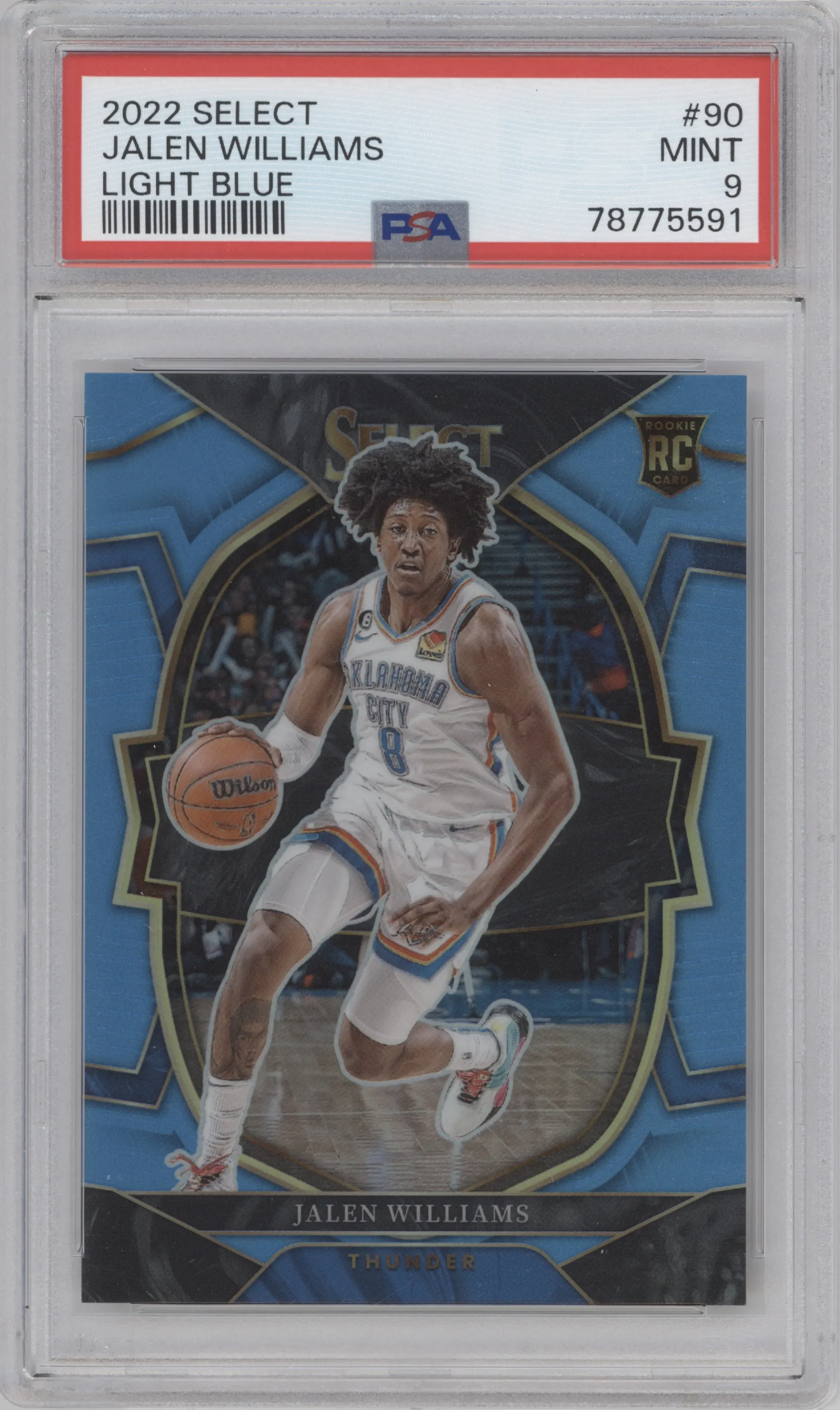 Jalen Williams from the 2022-23 Panini Select set featuring a Light Blue Prizm parallel graded by PSA and given an overall grade of 9.