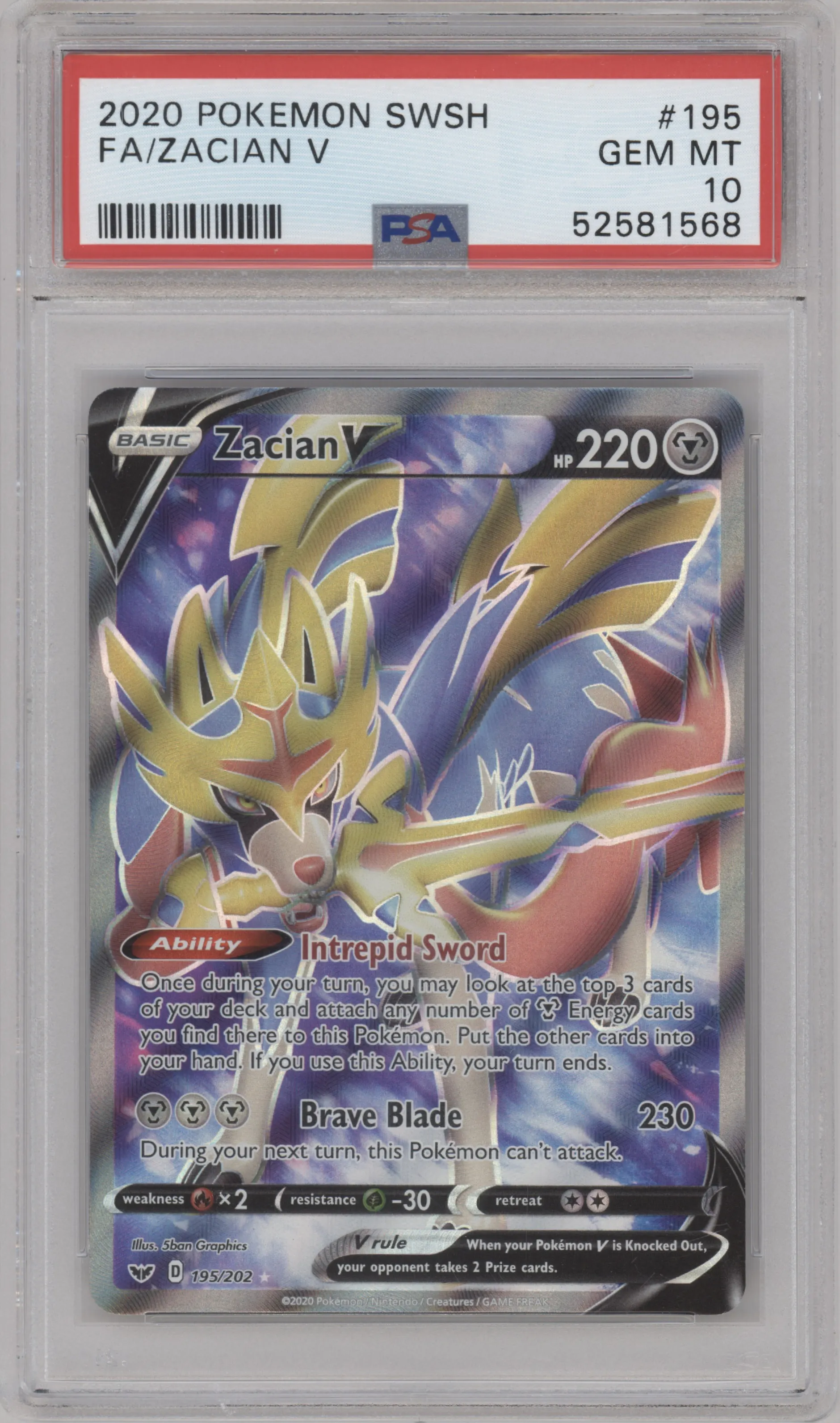 Zacian V from the 2020 Pokemon SWSH set graded by PSA and given an overall grade of 10.