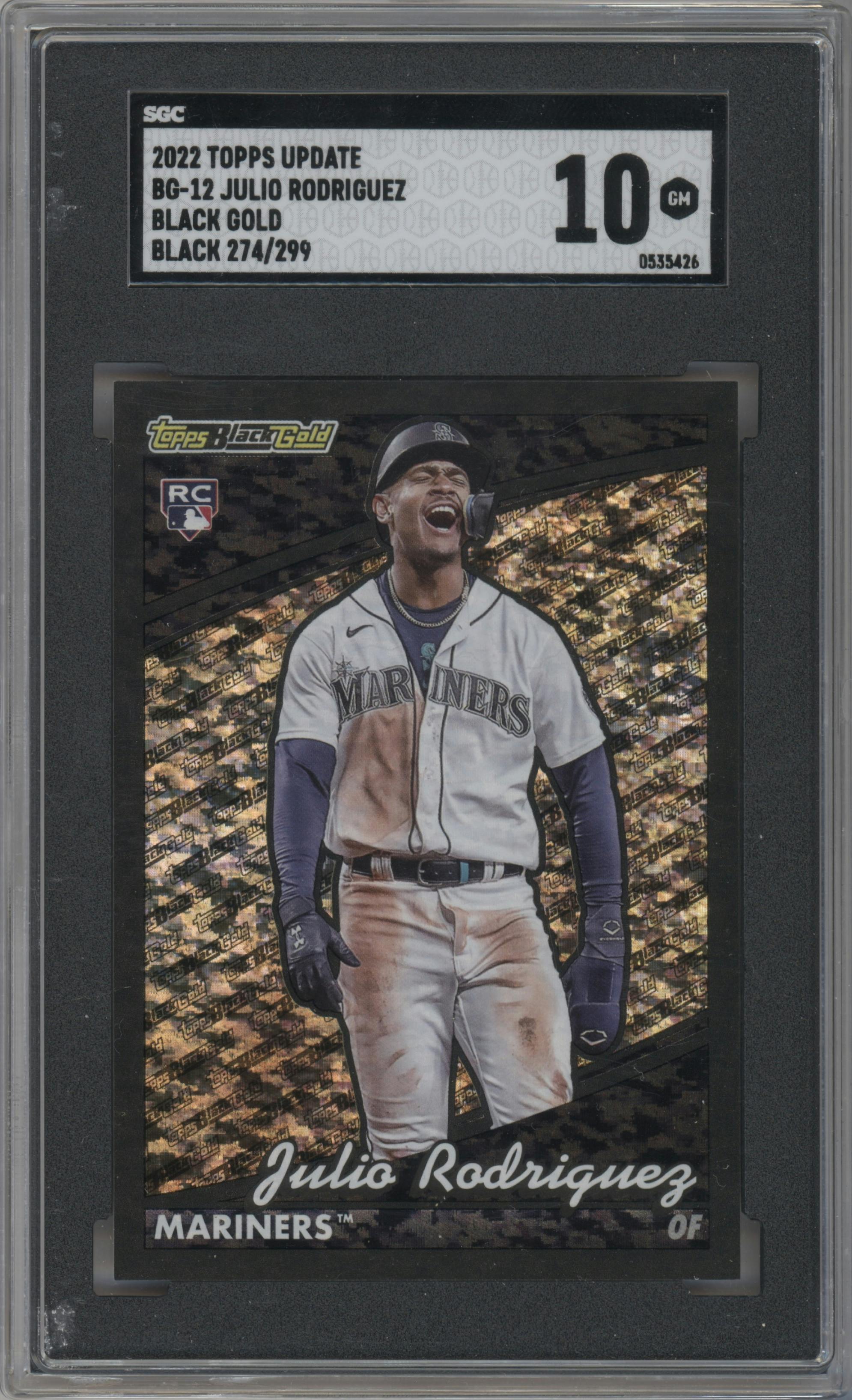 Julio Rodriguez from the 2022 Topps Update  set featuring a Black parallel graded by SGC and given an overall grade of 10.