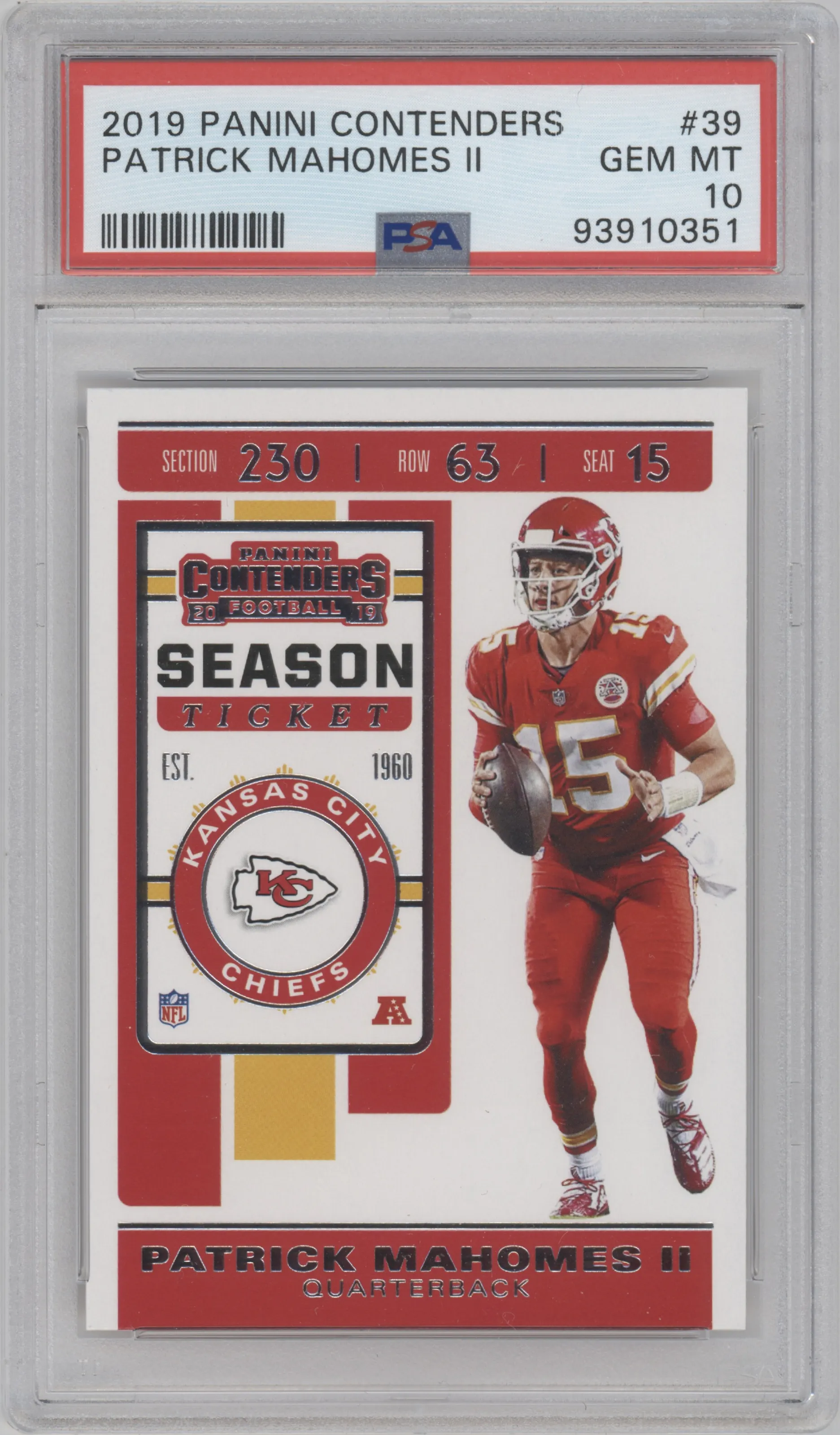 Patrick Mahomes II from the 2019 Panini Contenders set graded by PSA and given an overall grade of 10.