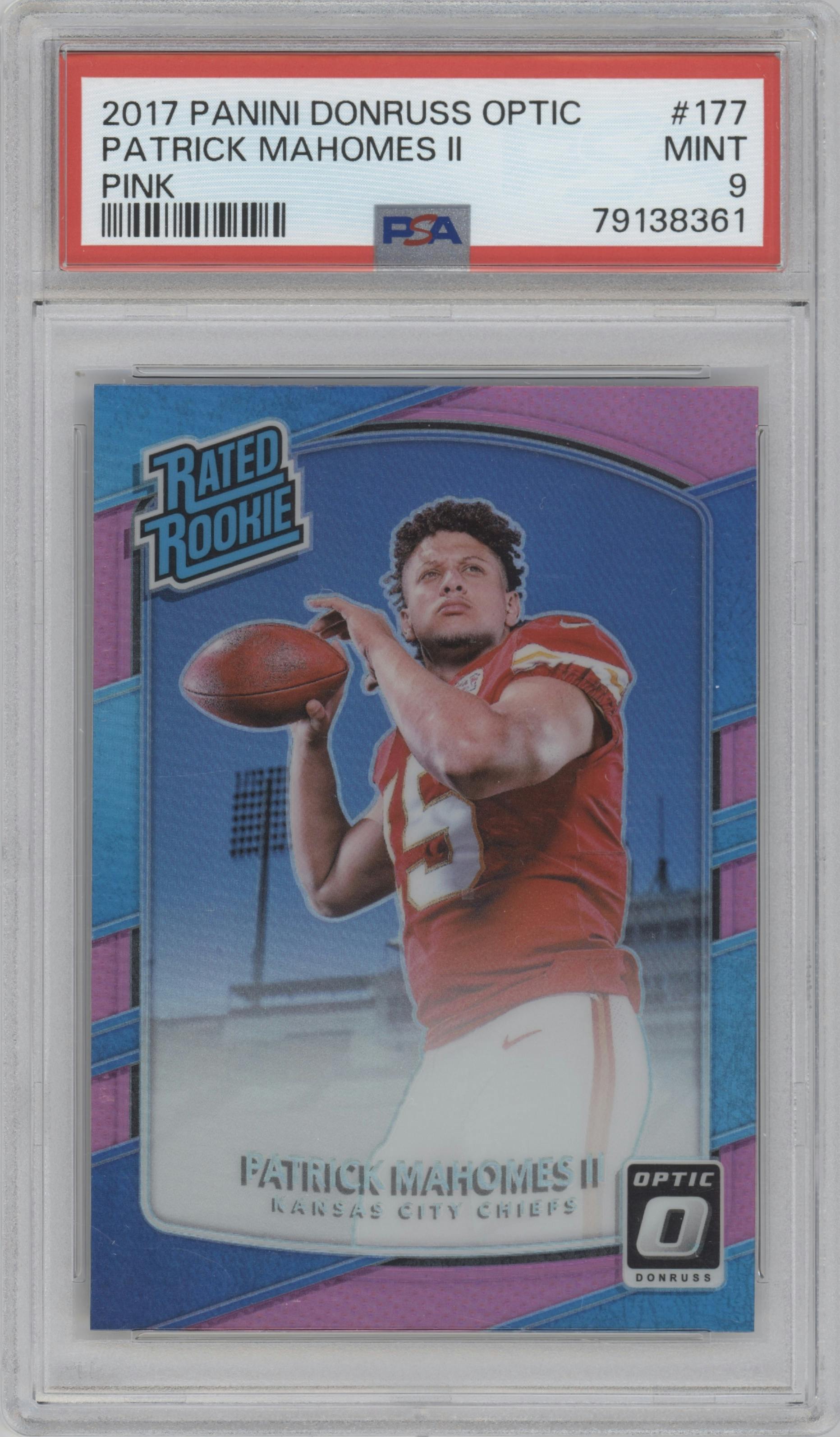Patrick Mahomes II from the 2017 Panini Donruss Optic set featuring a Pink parallel graded by PSA and given an overall grade of 9.