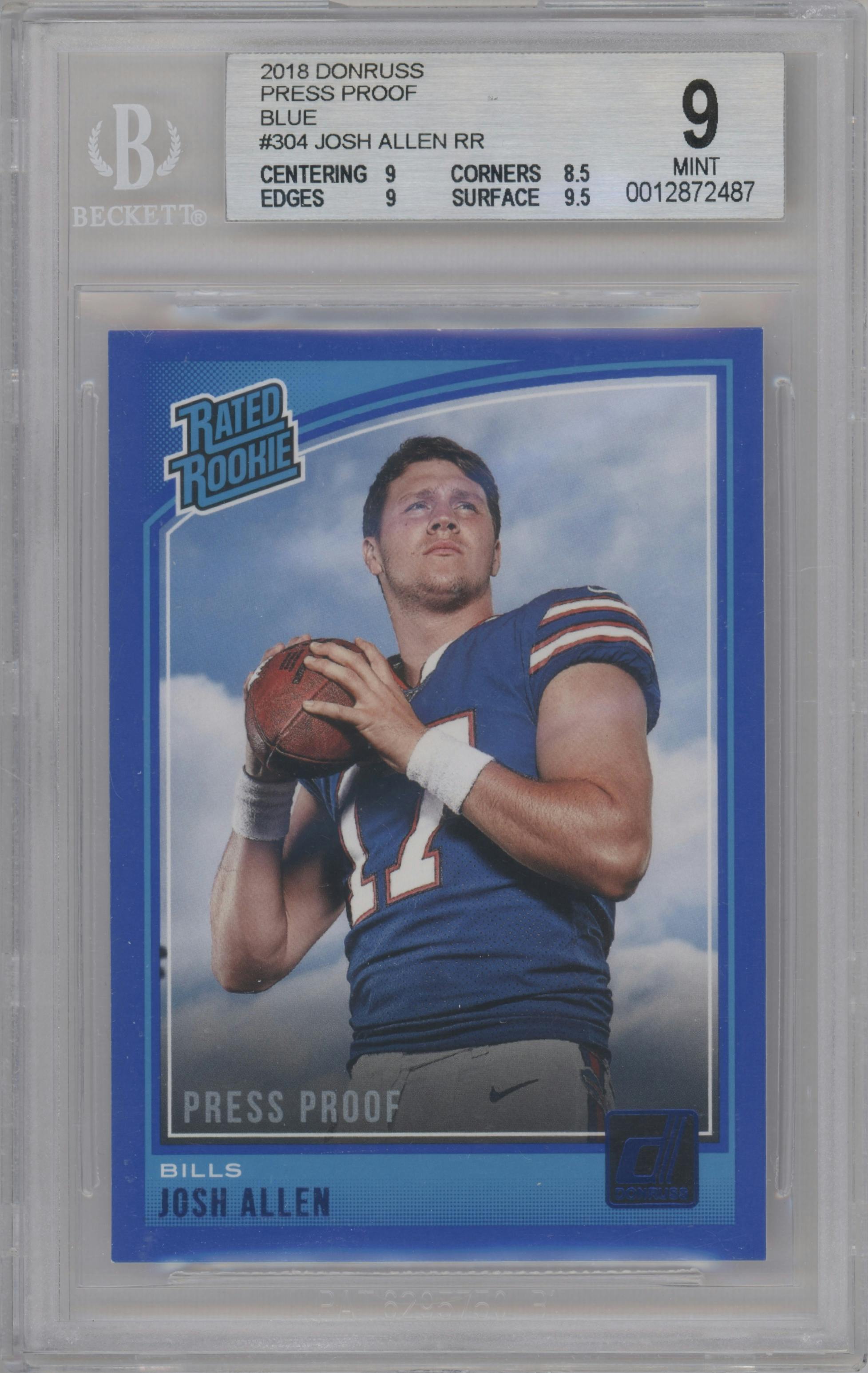 Josh Allen from the 2018 Panini Donruss set featuring a Press Proof Blue parallel graded by Beckett and given an overall grade of 9.