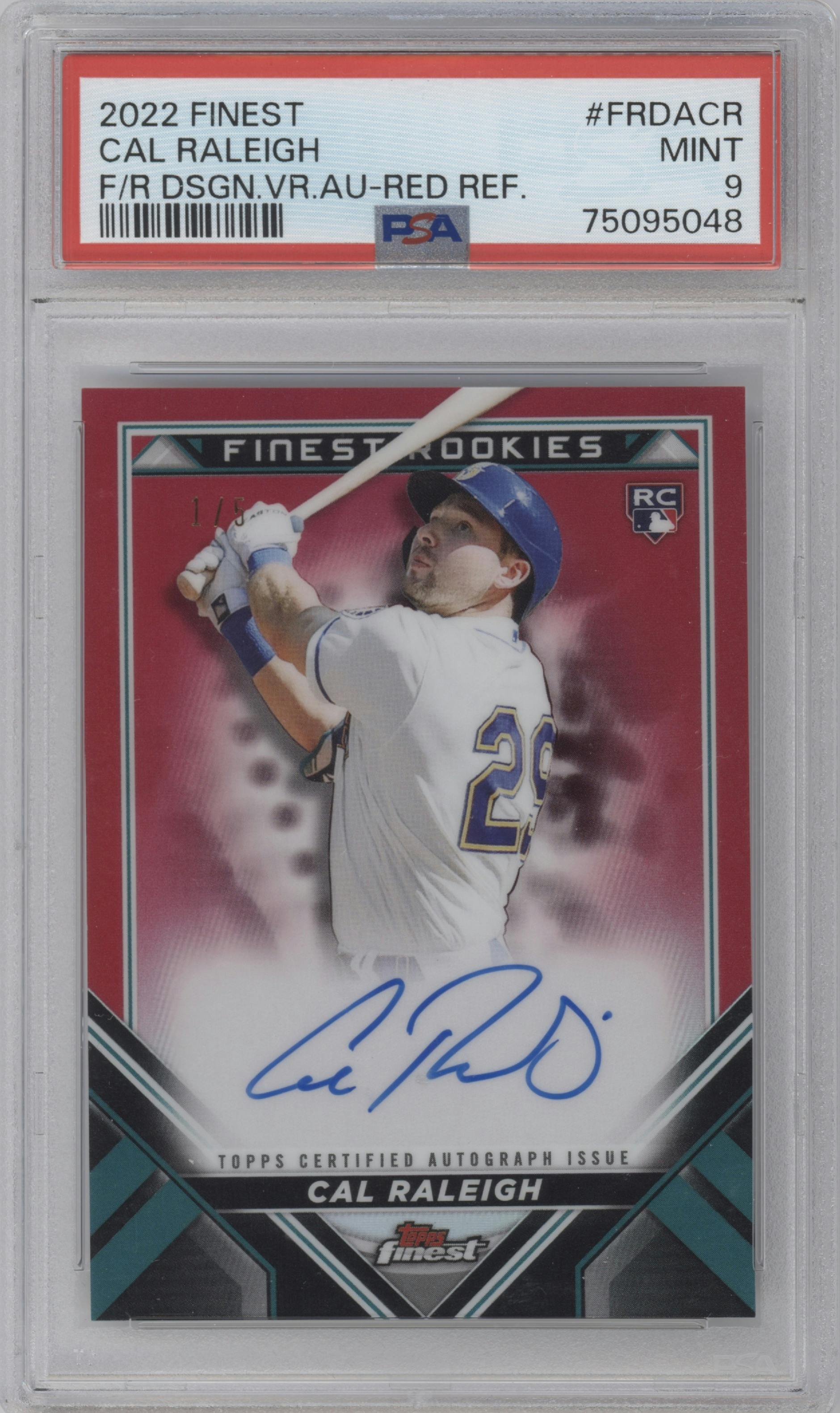 Cal Raleigh from the 2022 Topps Finest set featuring a Red Refractor parallel graded by PSA and given an overall grade of 9.