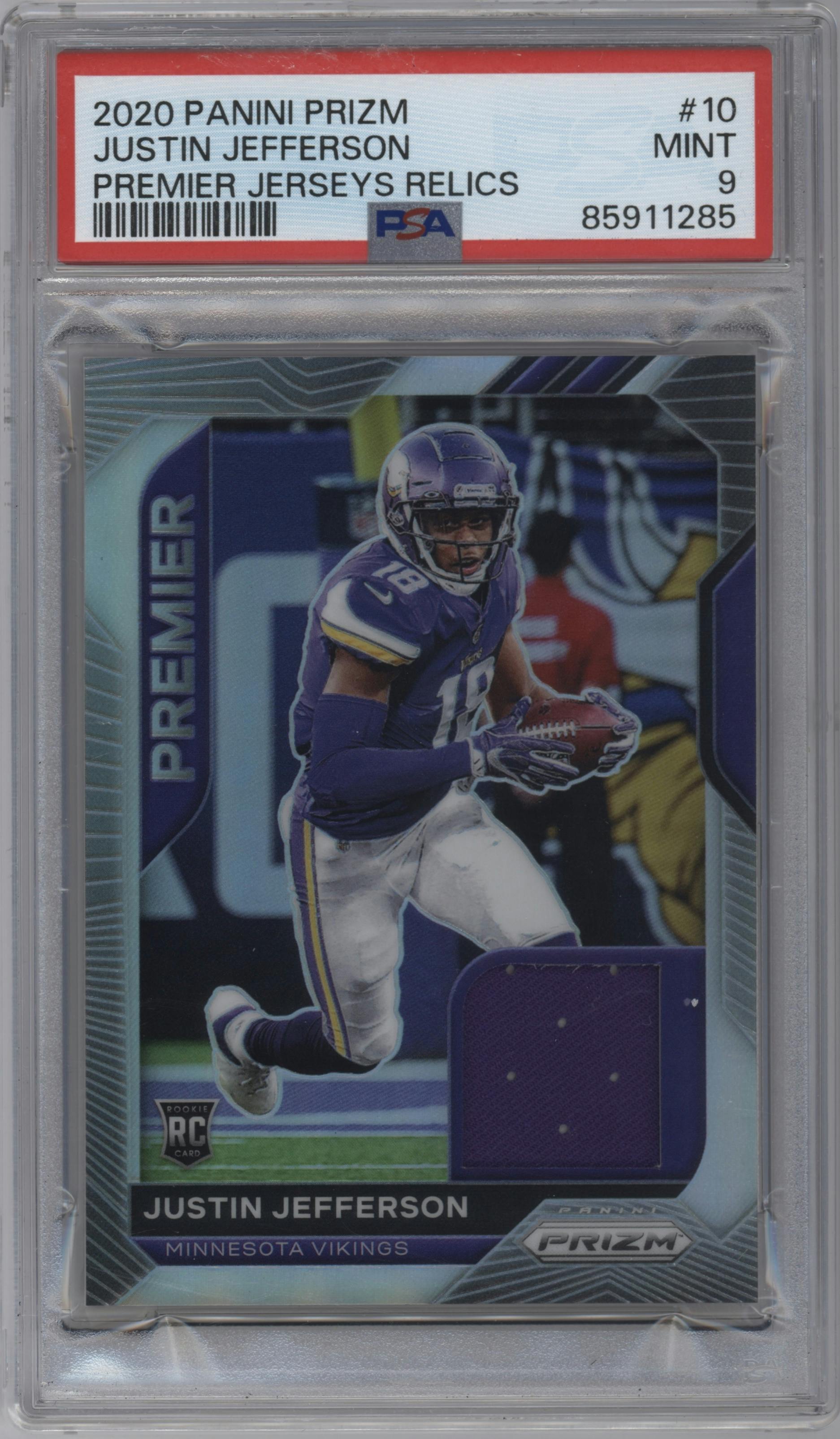 Justin Jefferson from the 2020 Panini Prizm set graded by PSA and given an overall grade of 9.