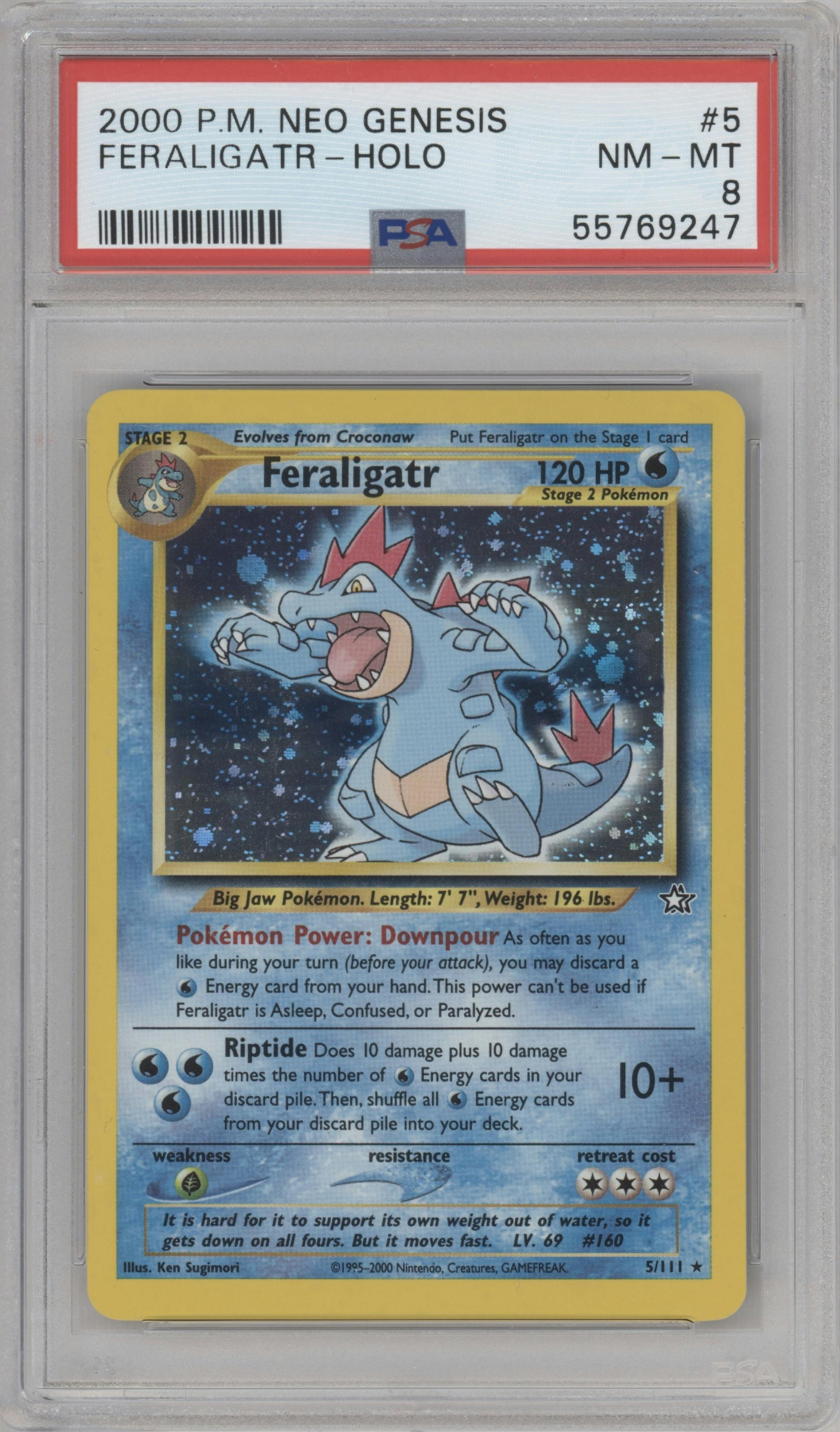 Feraligatr from the 2000 Pokemon Neo Genesis set graded by PSA and given an overall grade of 8.