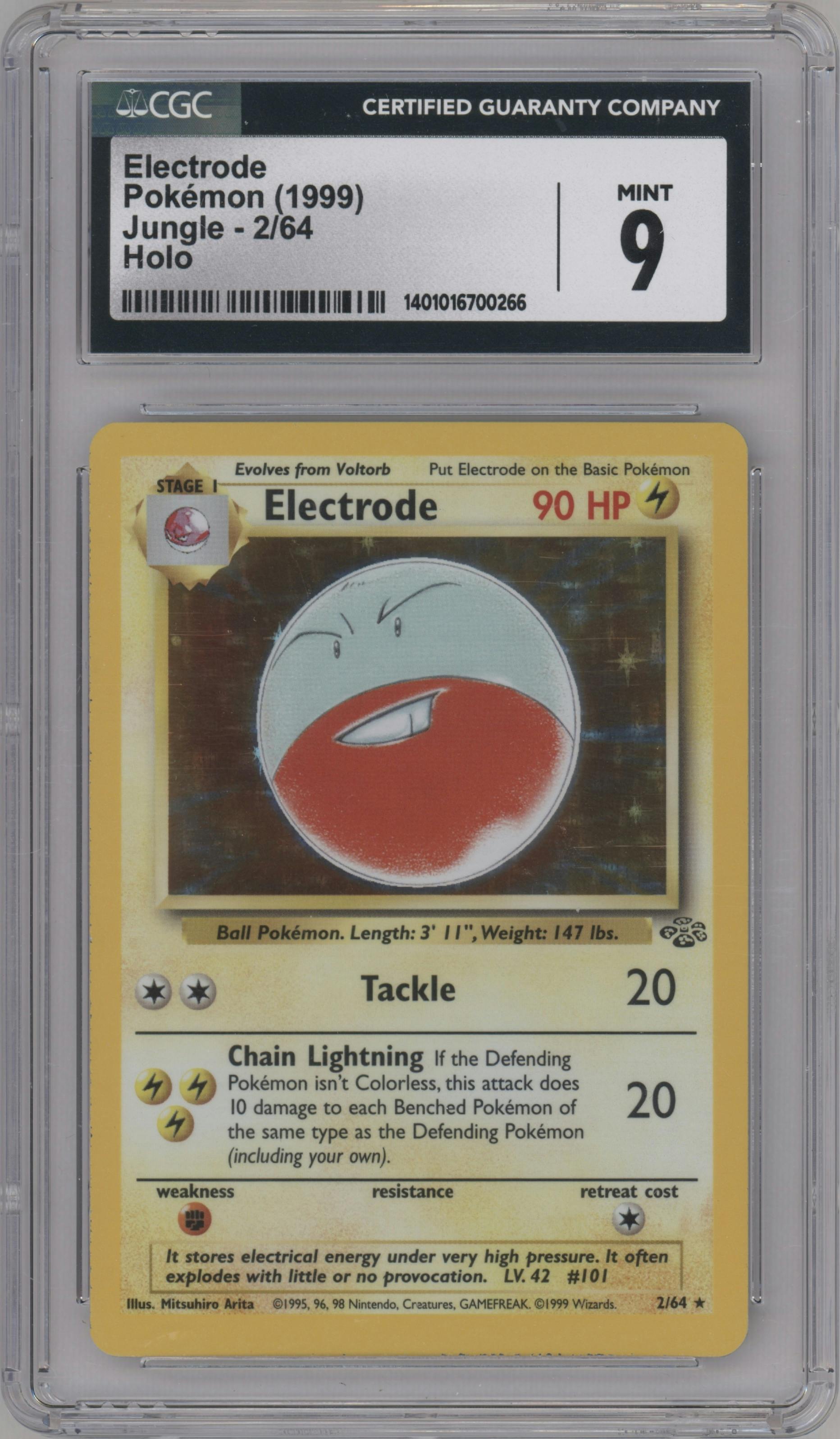 Electrode from the 1999 Pokemon set graded by CSG and given an overall grade of 9.
