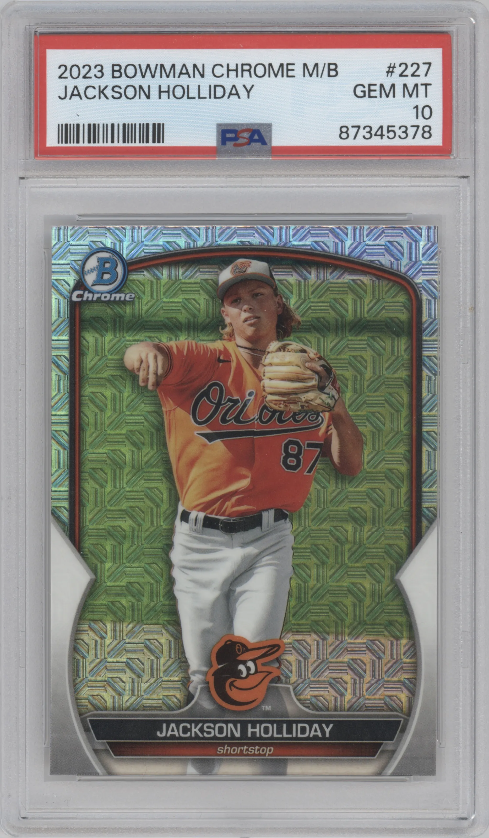 Jackson Holliday from the 2023 Bowman Chrome Mega Box set graded by PSA and given an overall grade of 10.