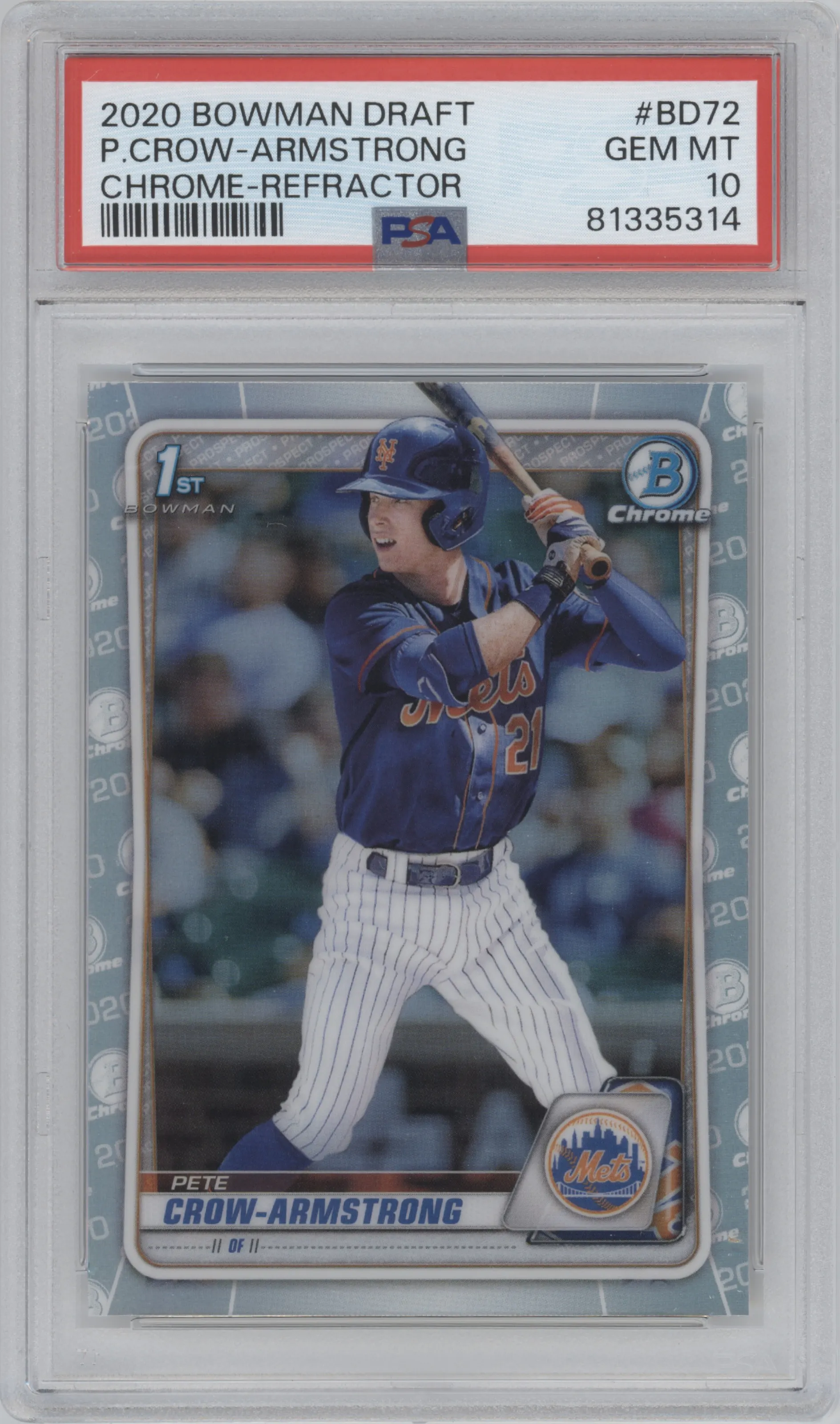 Pete Crow-Armstrong from the 2020 Bowman Draft set featuring a Refractor parallel graded by PSA and given an overall grade of 10.