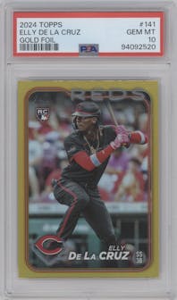 Elly De La Cruz from the 2024 Topps  set featuring a Gold Foil parallel graded by PSA and given an overall grade of 10.