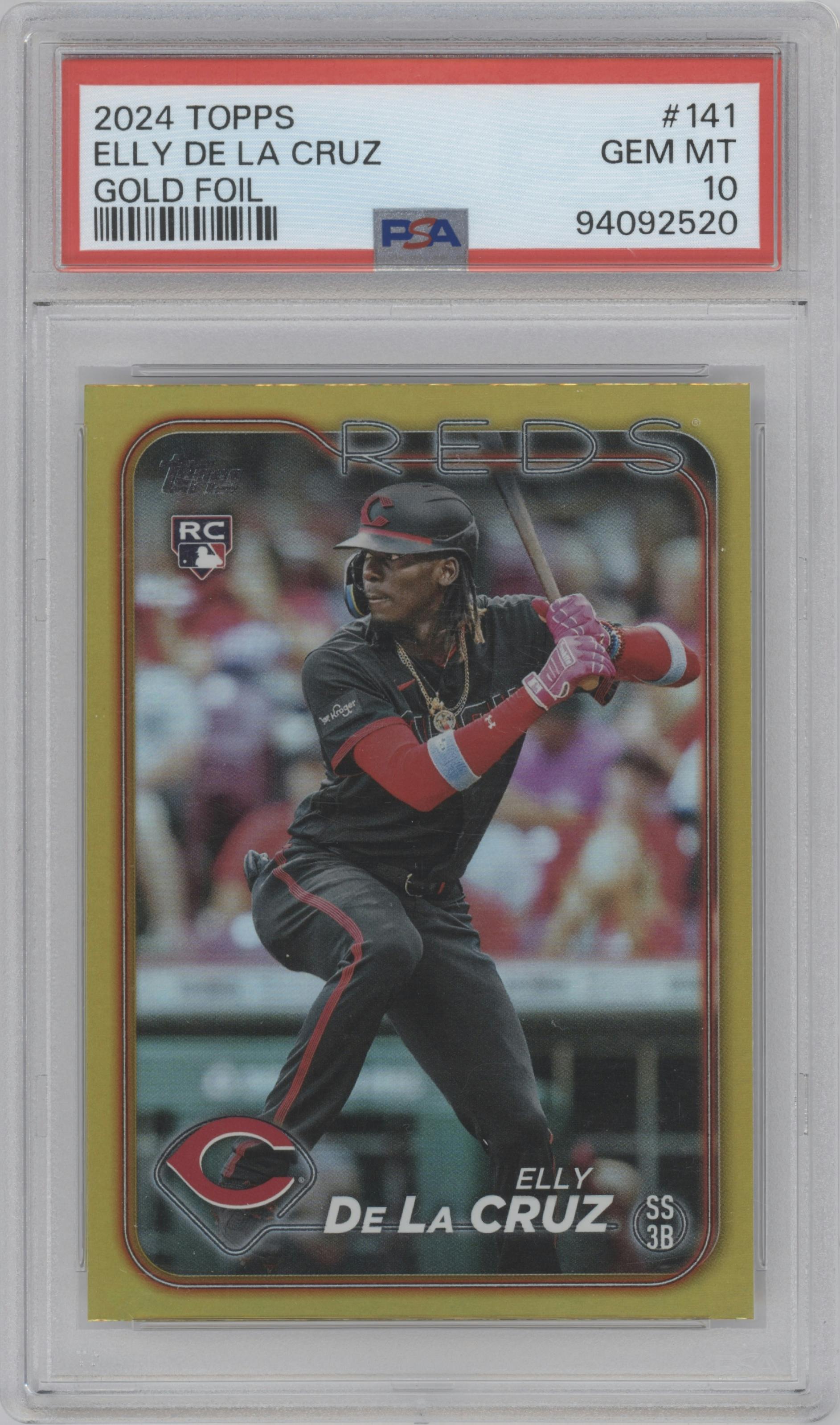 Elly De La Cruz from the 2024 Topps  set featuring a Gold Foil parallel graded by PSA and given an overall grade of 10.