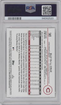 Elly De La Cruz from the 2024 Topps  set featuring a Gold Foil parallel graded by PSA and given an overall grade of 10.