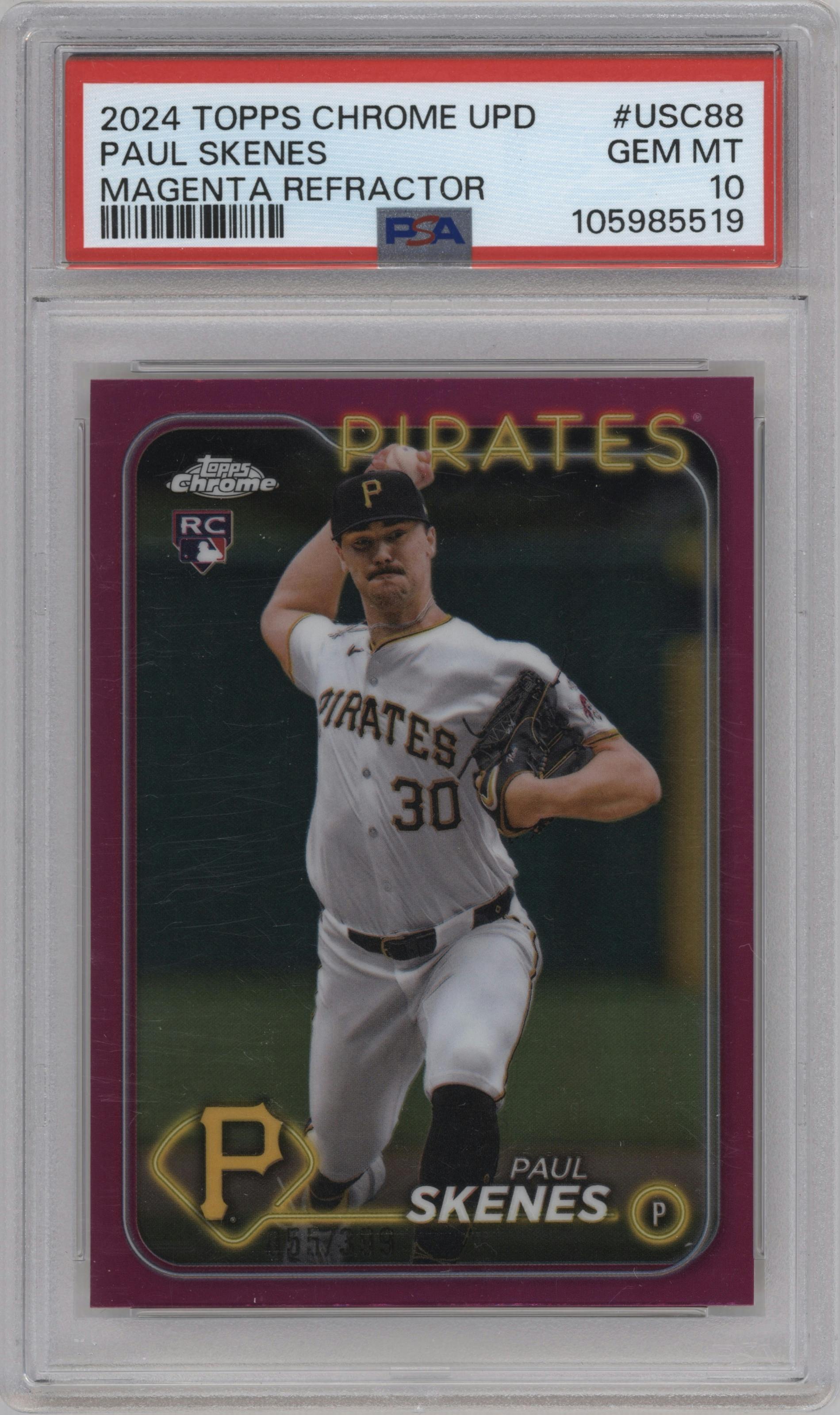 Paul Skenes from the 2024 Topps Chrome Update set featuring a Magenta Refractor parallel graded by PSA and given an overall grade of 10.