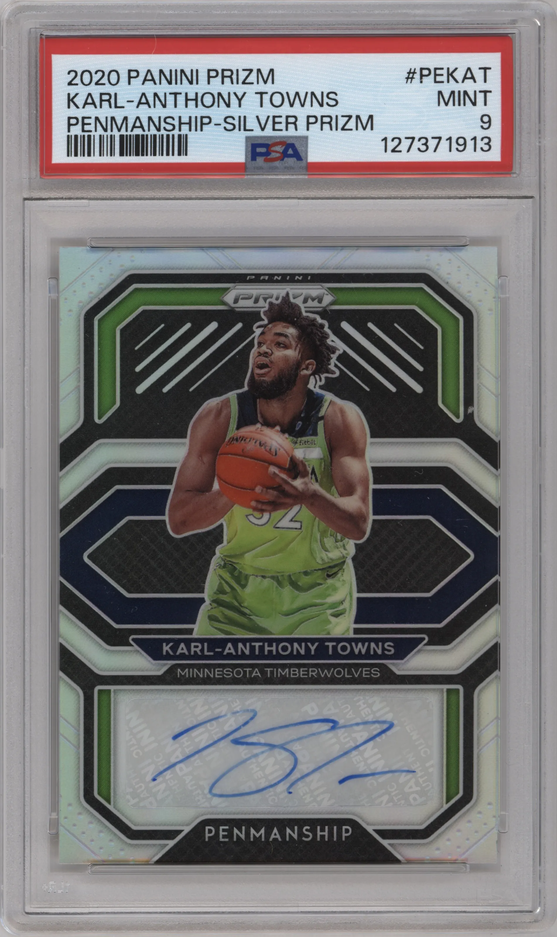 2020 Panini Prizm Penmanship Karl-Anthony Towns Silver Prizm PSA 9