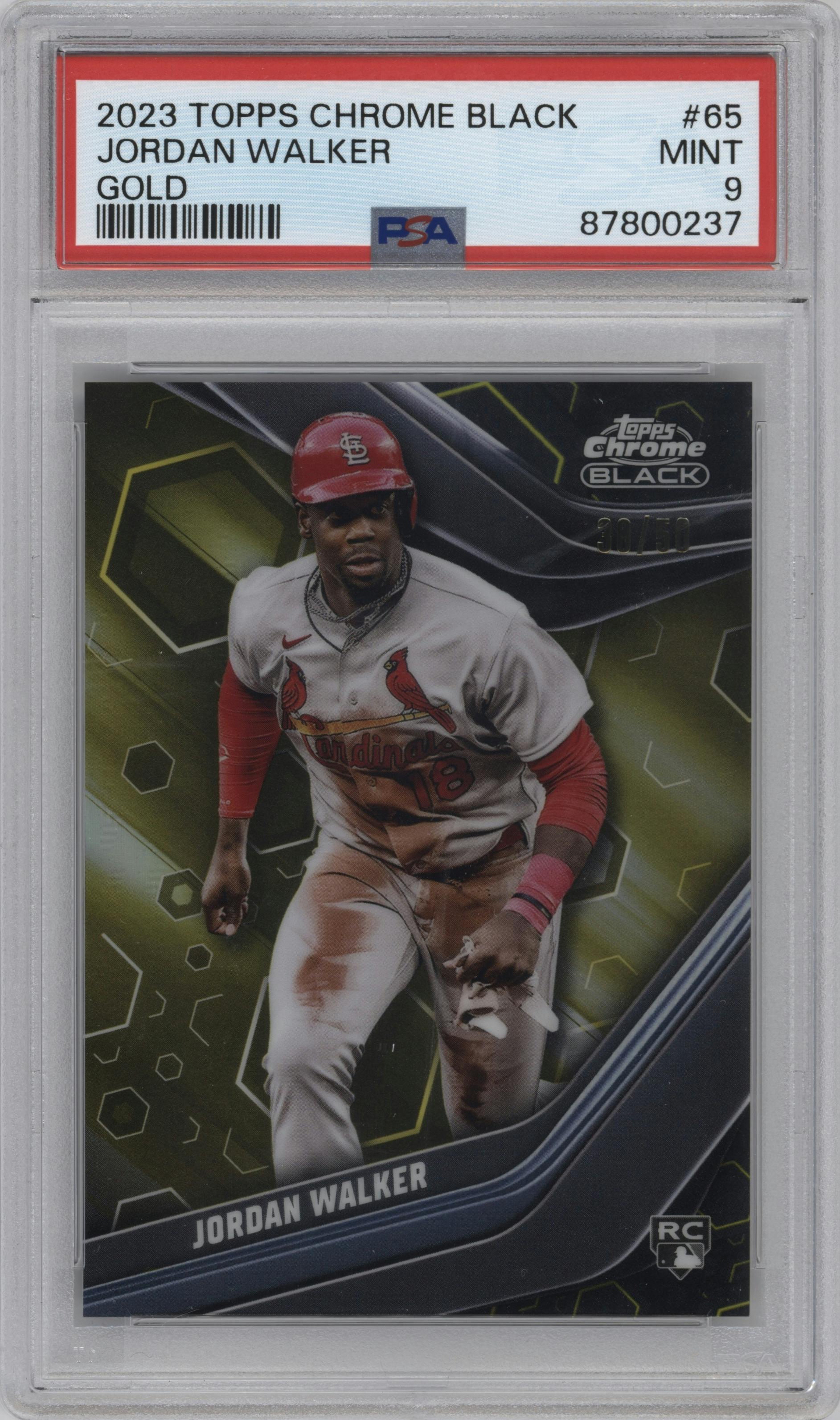 Jordan Walker from the 2023 Topps Chrome Black set featuring a Gold Refractor parallel graded by PSA and given an overall grade of 9.