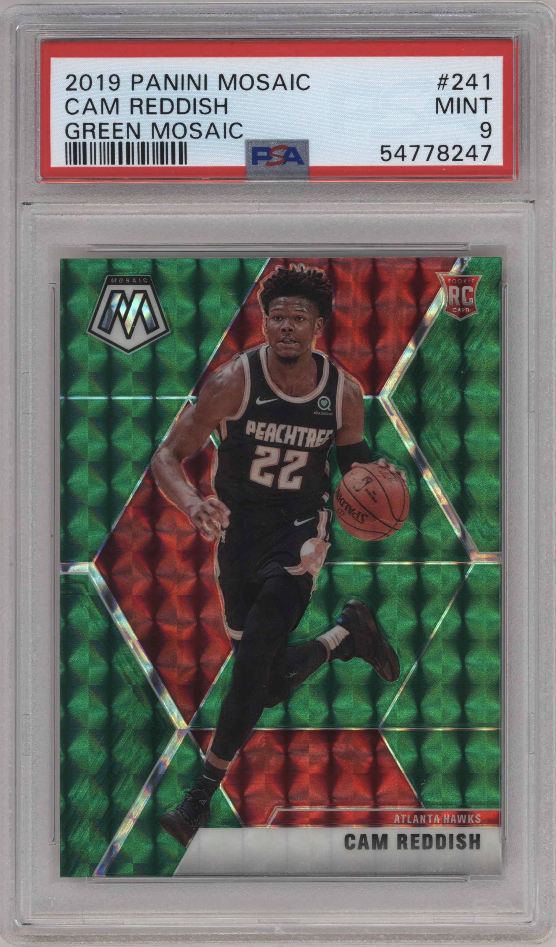 Cam Reddish from the 2019-20 Panini Mosaic  set featuring a Green Mosaic parallel graded by PSA and given an overall grade of 9.