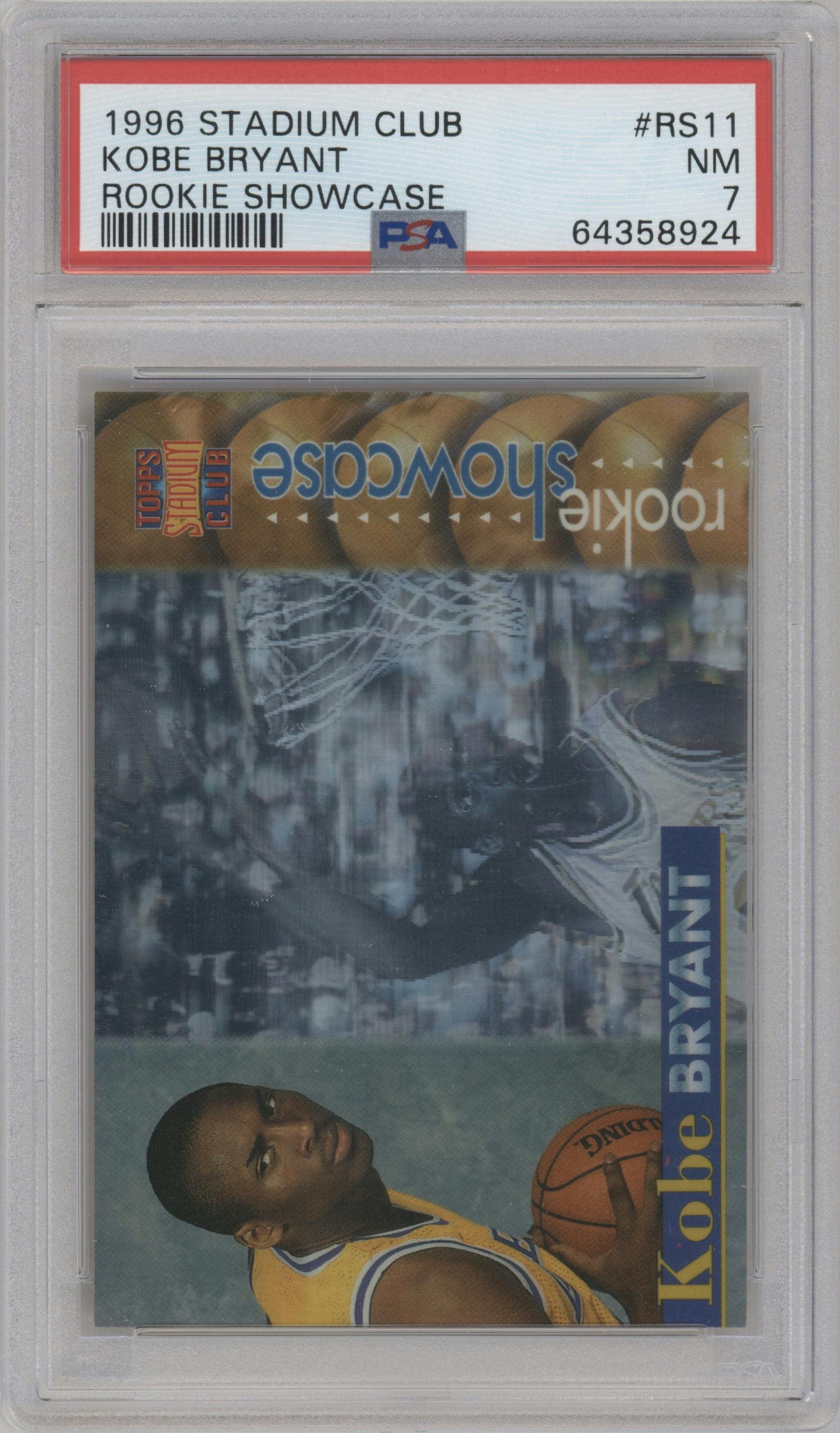 Kobe Bryant from the 1996-97 Topps Stadium Club set graded by PSA and given an overall grade of 7.