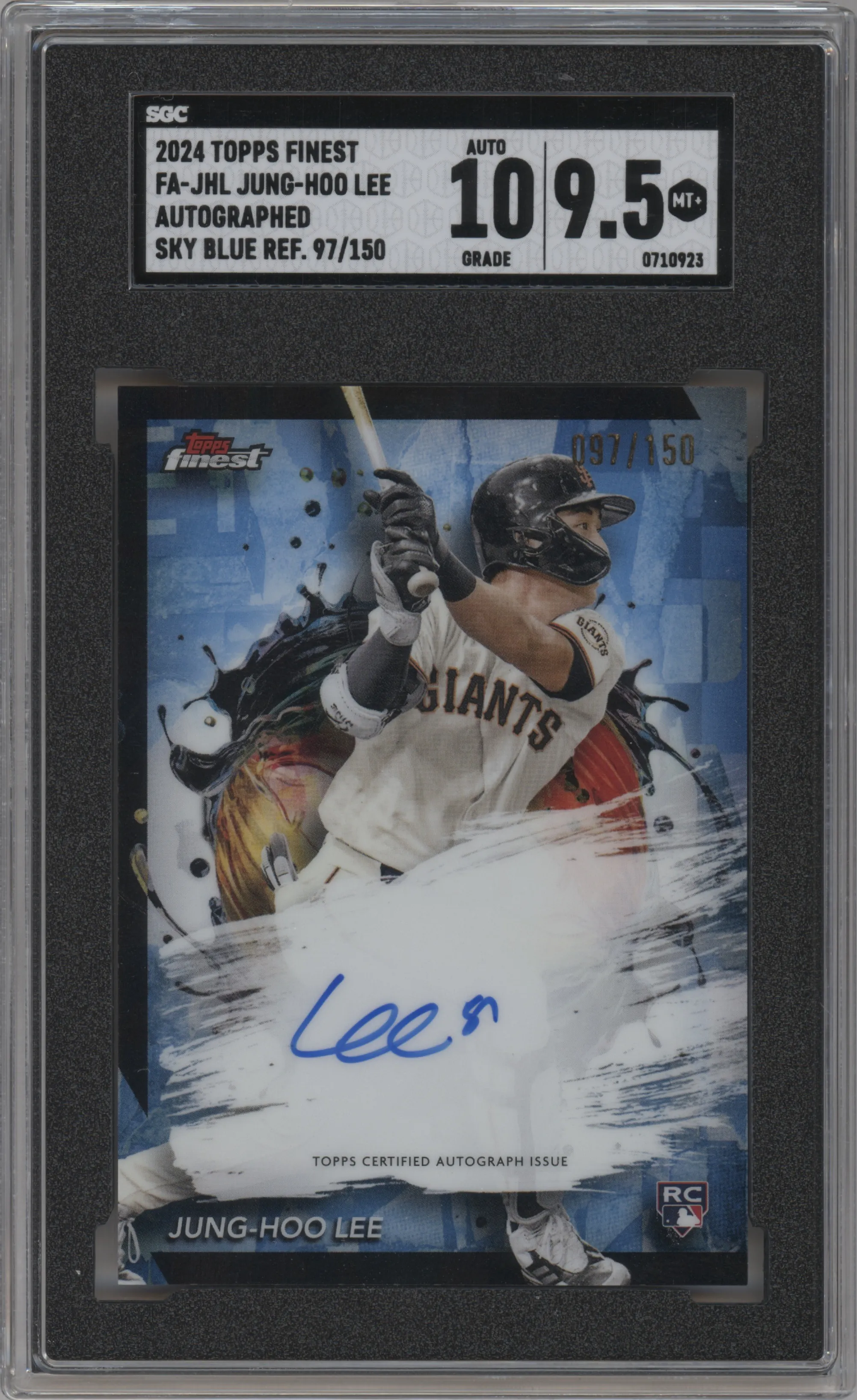 Jung-Hoo Lee from the 2024 Topps Finest set featuring a Sky Blue Refractor parallel graded by SGC and given an overall grade of 9.5.
