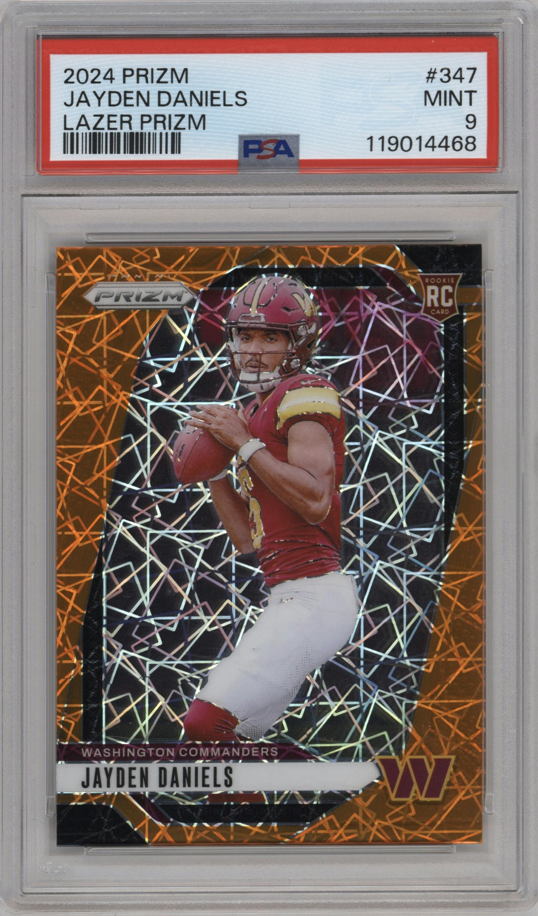 Jayden Daniels from the 2024 Panini Prizm set featuring a Lazer Prizm parallel graded by PSA and given an overall grade of 9.
