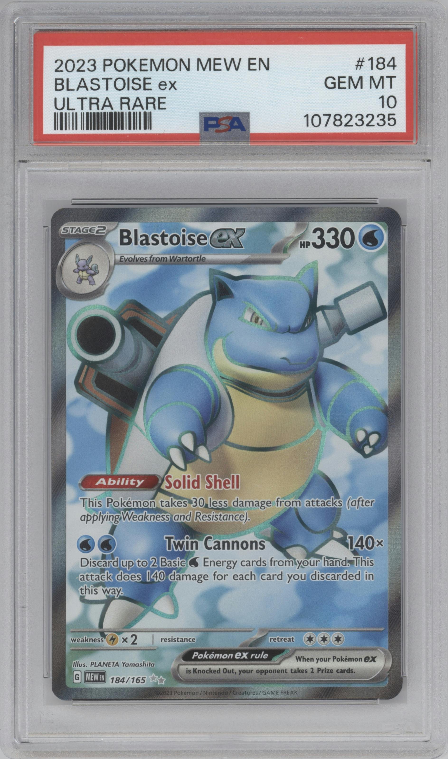 Blastoise ex from the 2023 Pokemon SV set graded by PSA and given an overall grade of 10.
