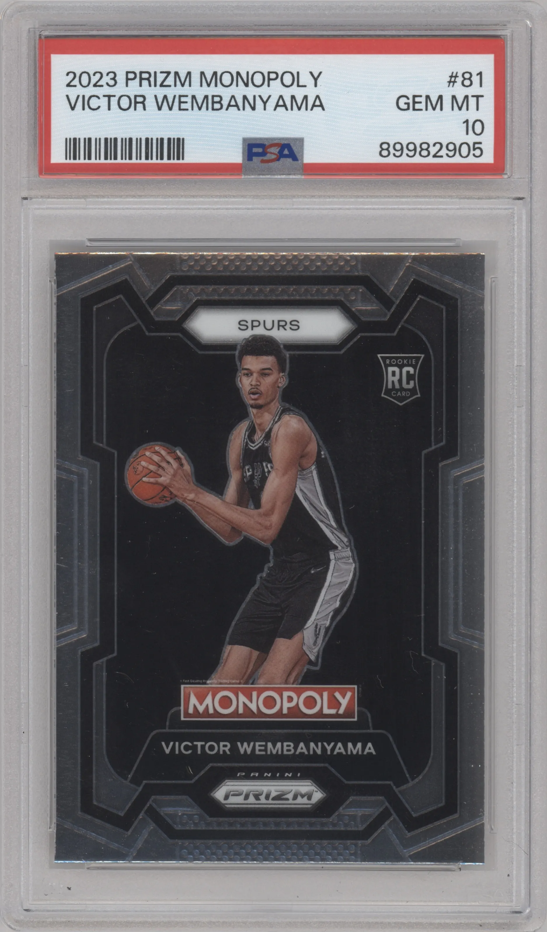 Victor Wembanyama from the 2023-24 Panini Prizm Monopoly set graded by PSA and given an overall grade of 10.
