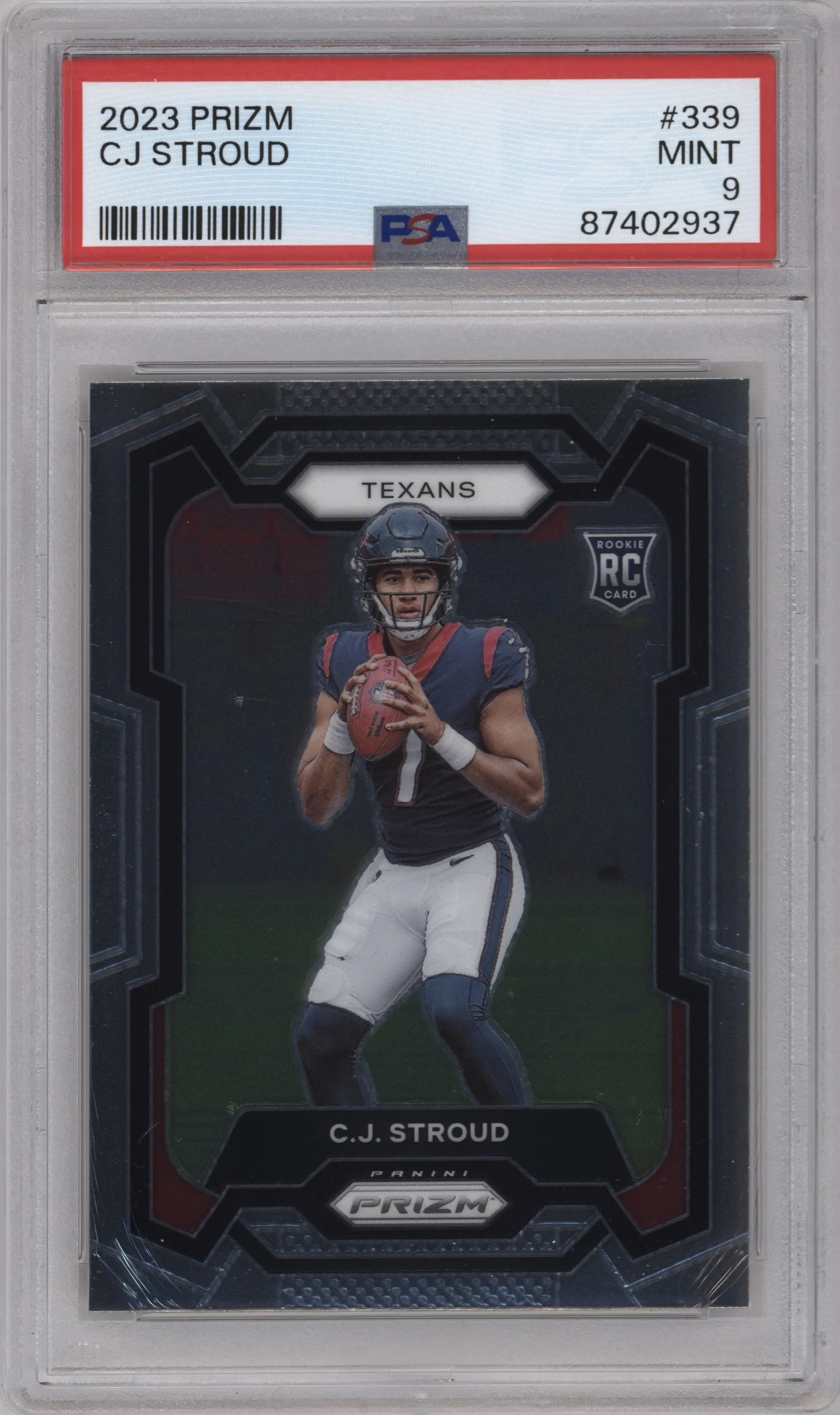 C.J. Stroud from the 2023 Panini Prizm set graded by PSA and given an overall grade of 9.