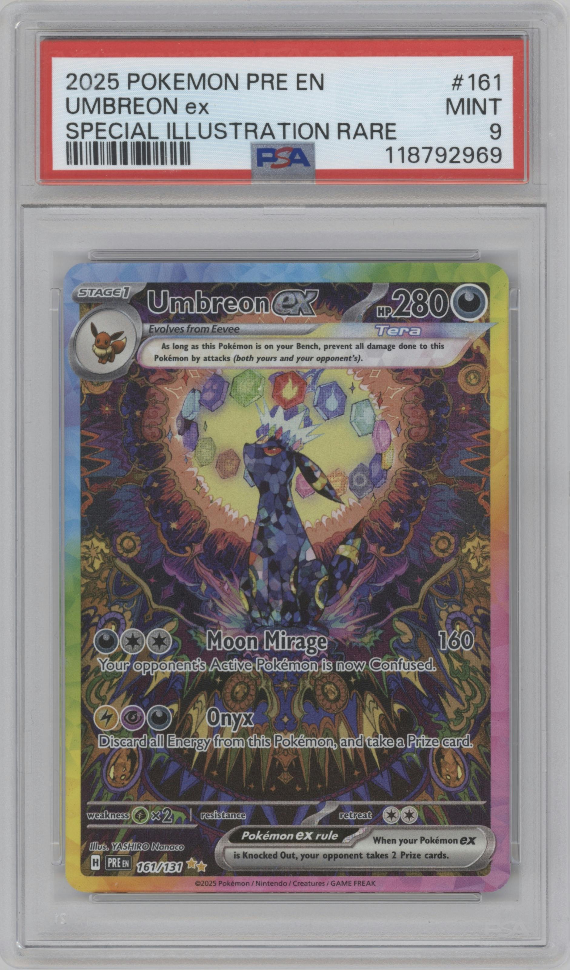 Umbreon ex from the 2025 Pokemon SV set graded by PSA and given an overall grade of 9.