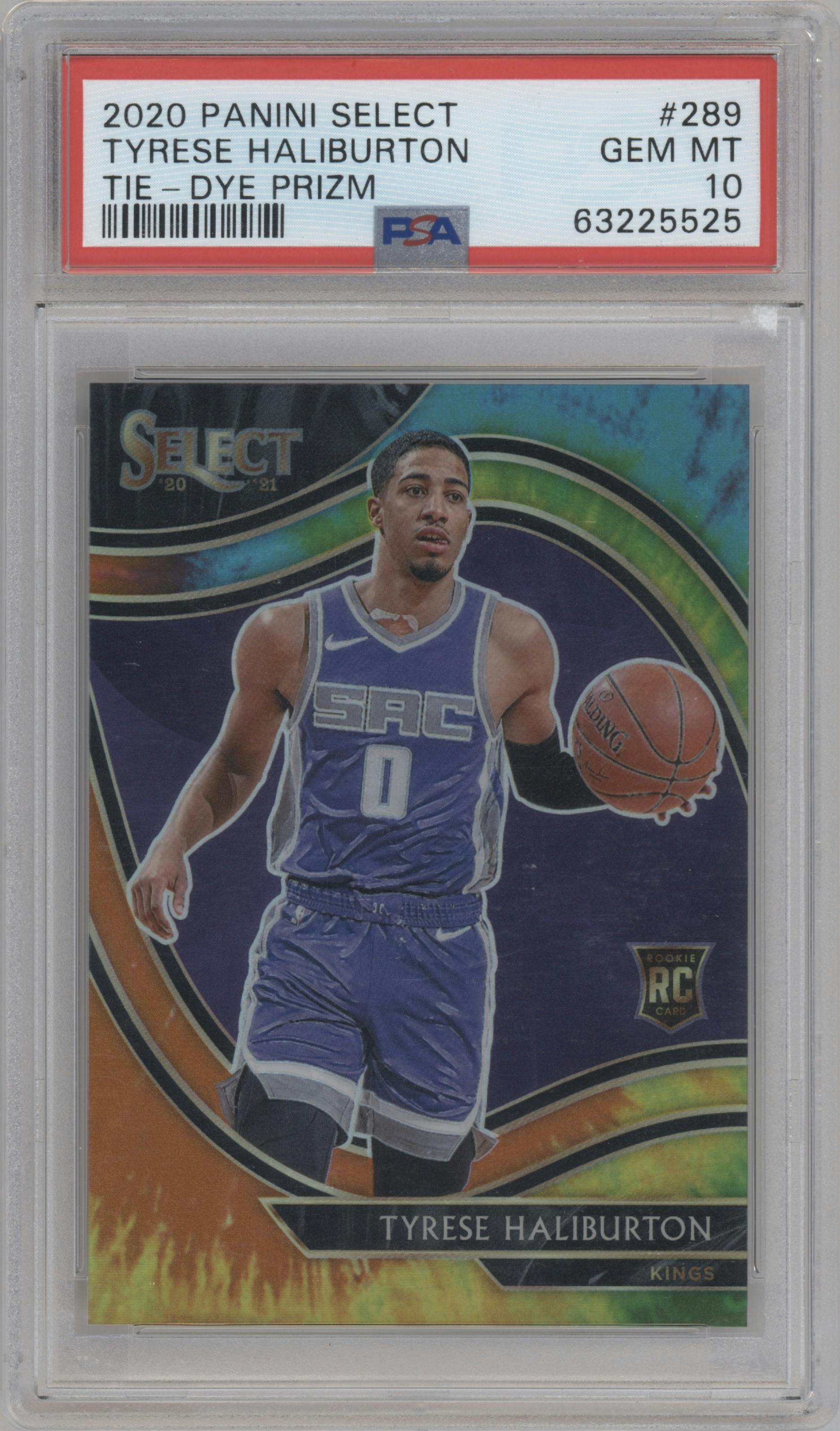 Tyrese Haliburton from the 2020-21 Panini Select  set featuring a Tie-Dye  parallel graded by PSA and given an overall grade of 10.
