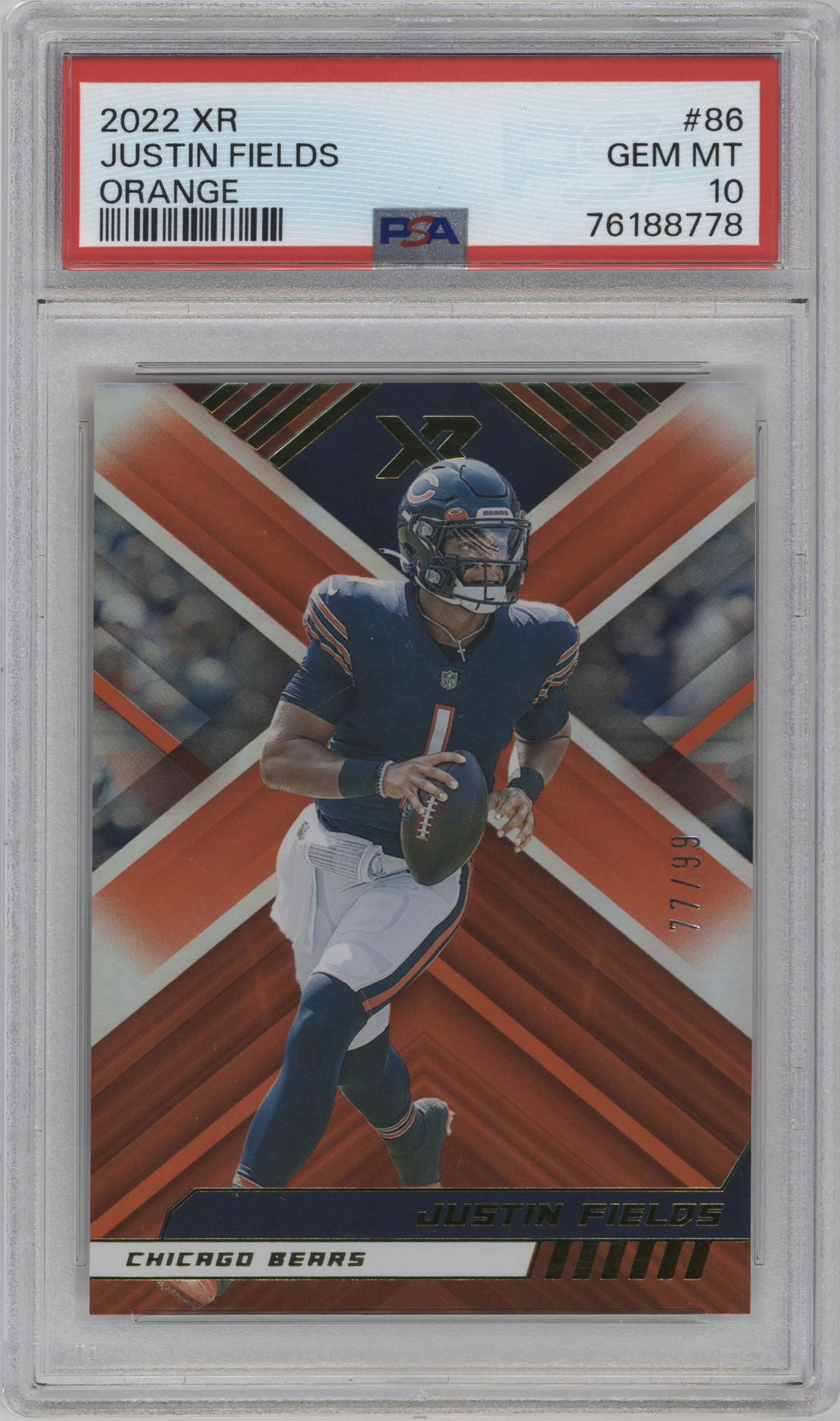 Justin Fields from the 2022 Panini XR set featuring a Orange parallel graded by PSA and given an overall grade of 10.